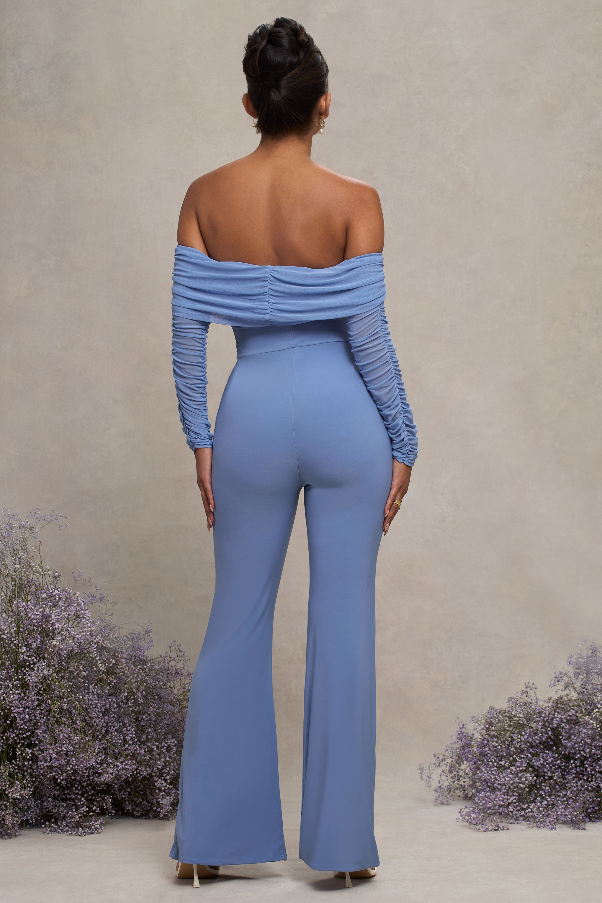 Count Down | Powder Blue Maternity Ruched Mesh Bardot Jumpsuit
