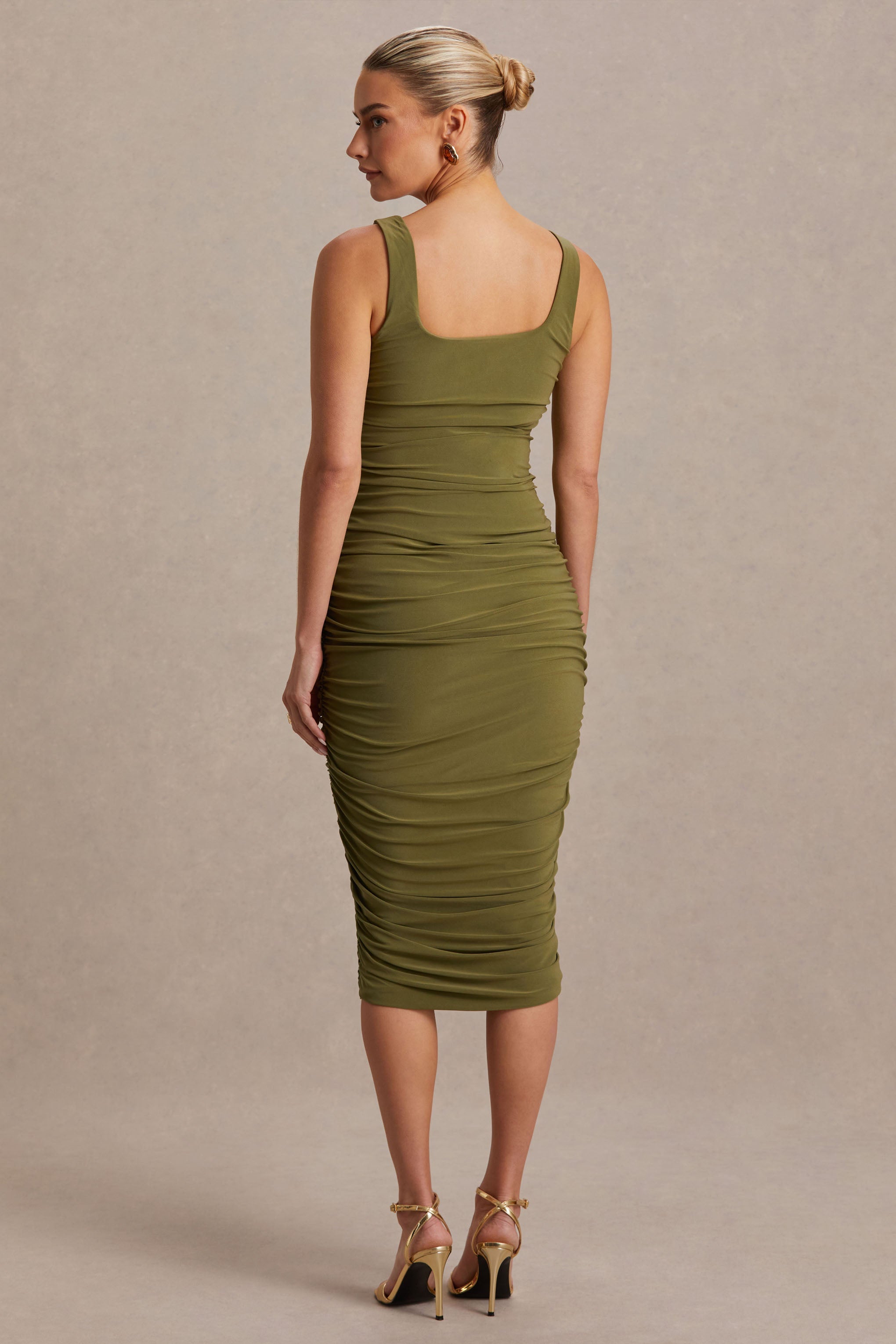 Lisbon | Olive Maternity Square Neck Ruched Midi Dress
