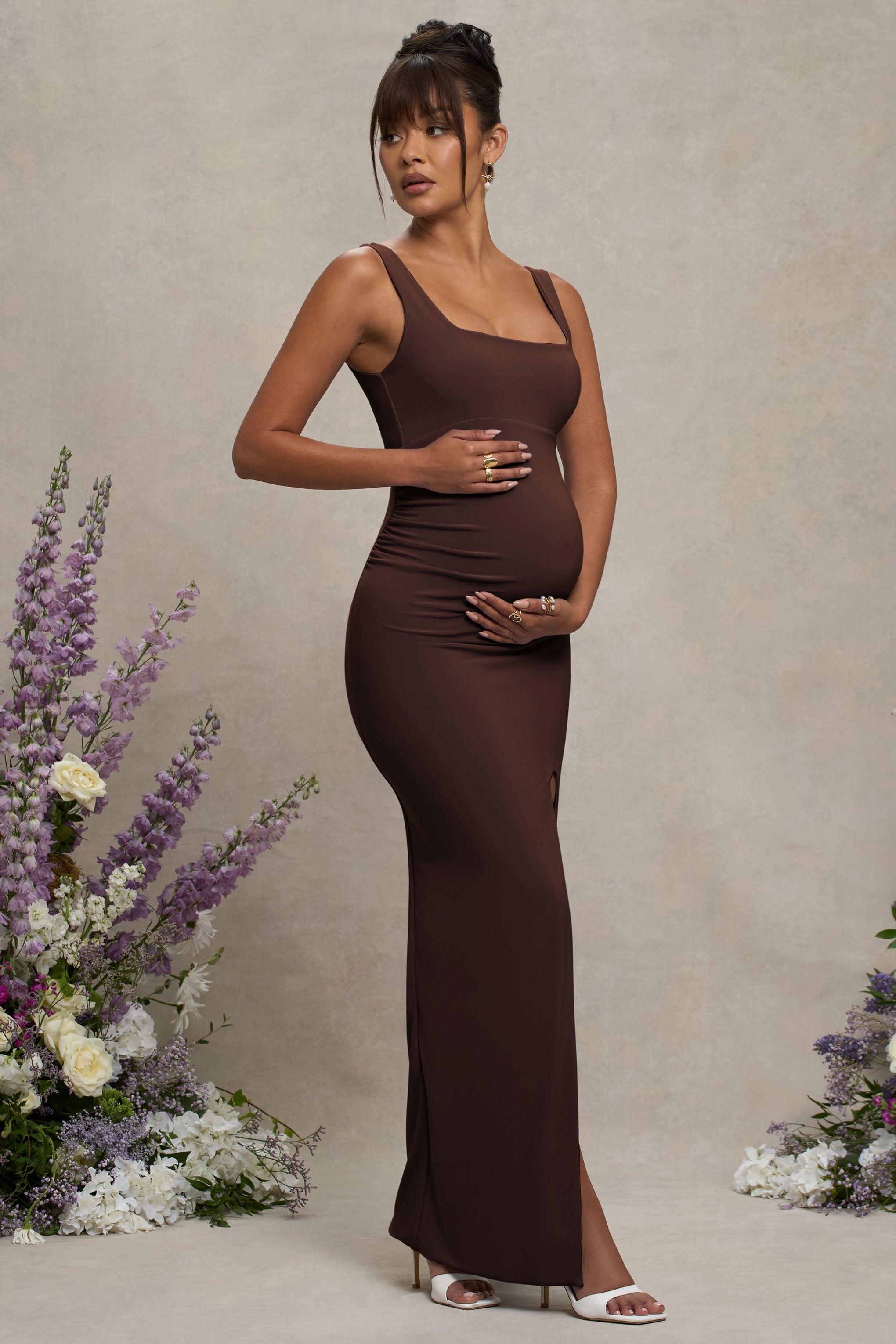 Avril | Brown Square Neck Maternity Maxi Dress with Split
