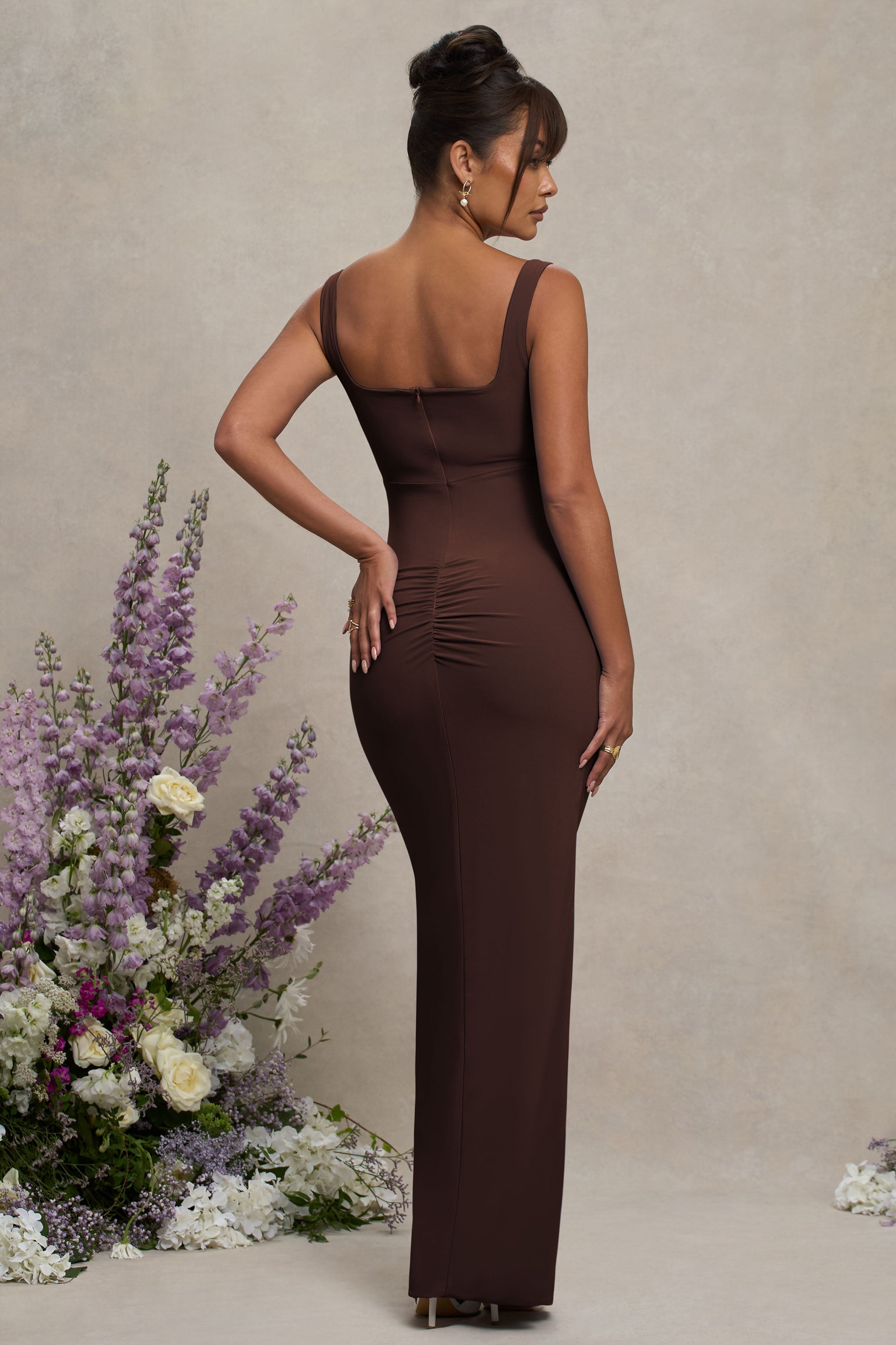 Avril | Brown Square Neck Maternity Maxi Dress with Split