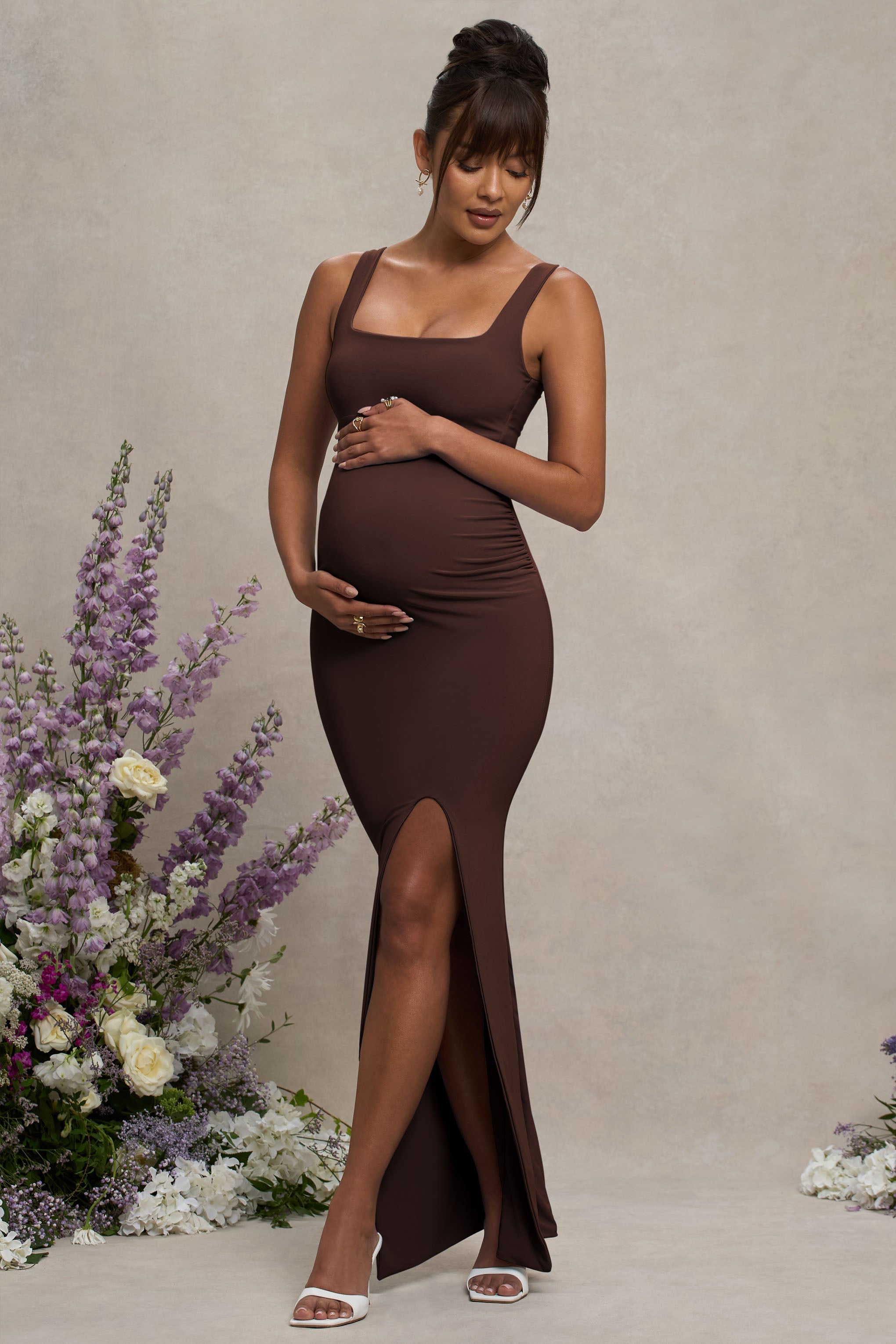 Avril | Brown Square Neck Maternity Maxi Dress with Split