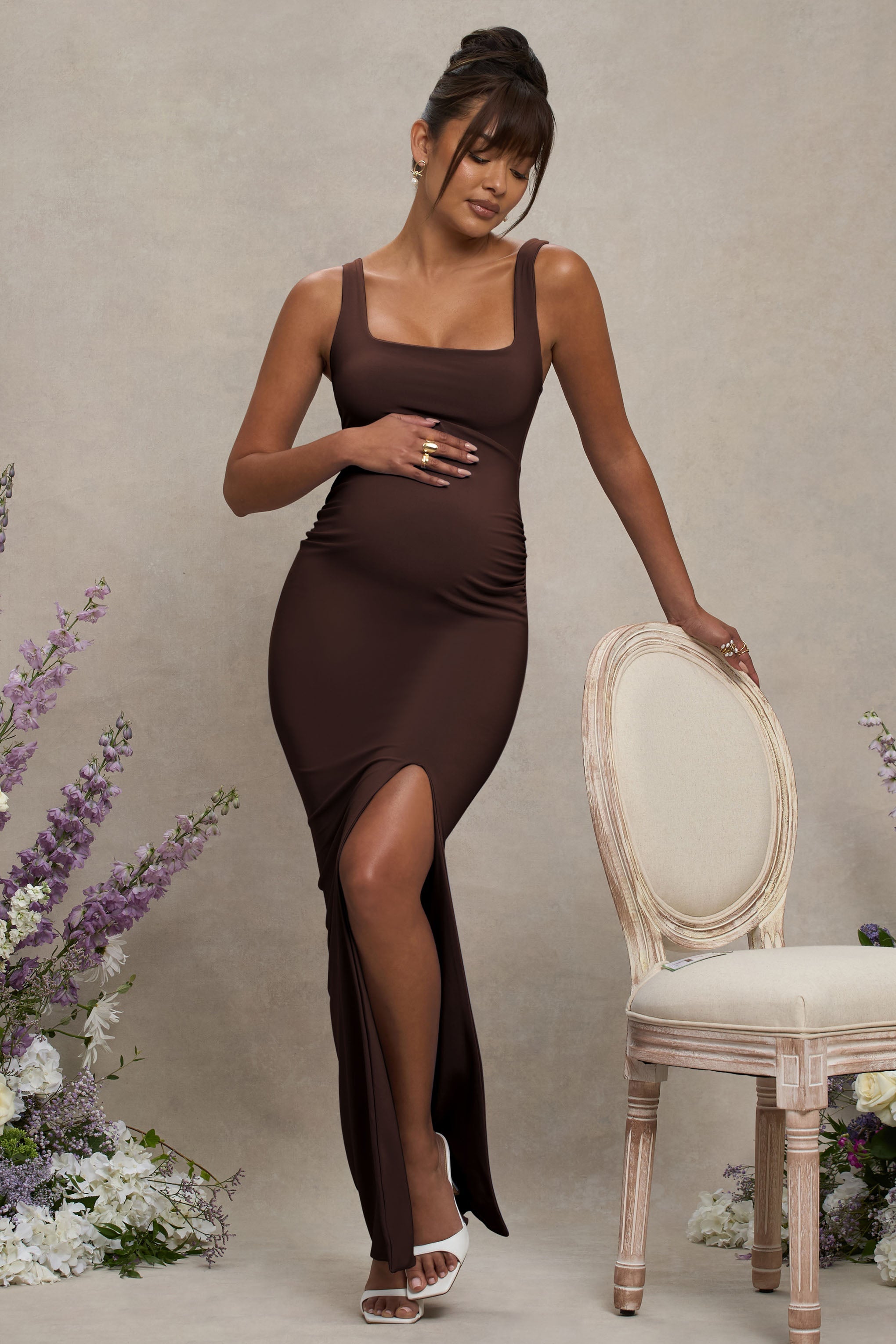 Avril | Brown Square Neck Maternity Maxi Dress with Split