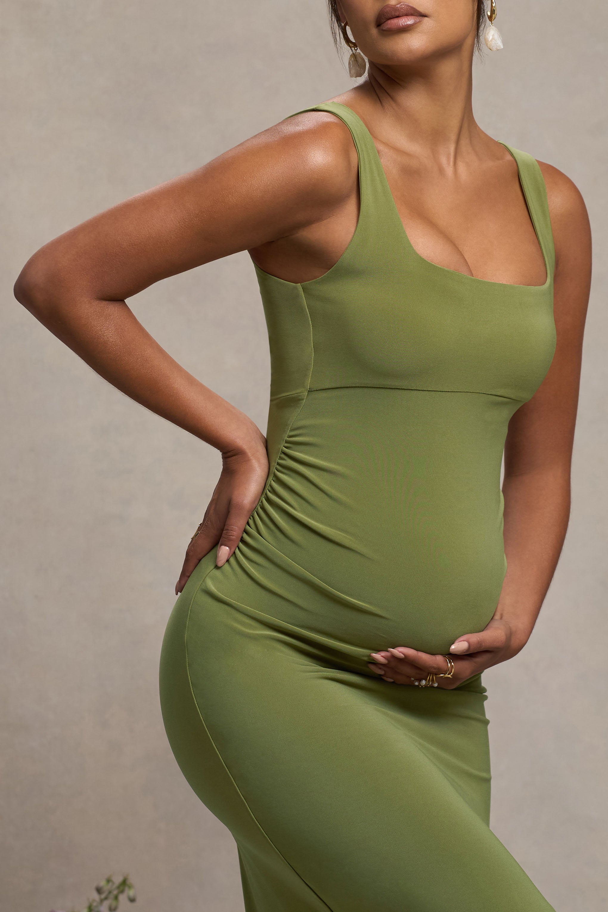 Avril | Olive Square Neck Maternity Maxi Dress with Split