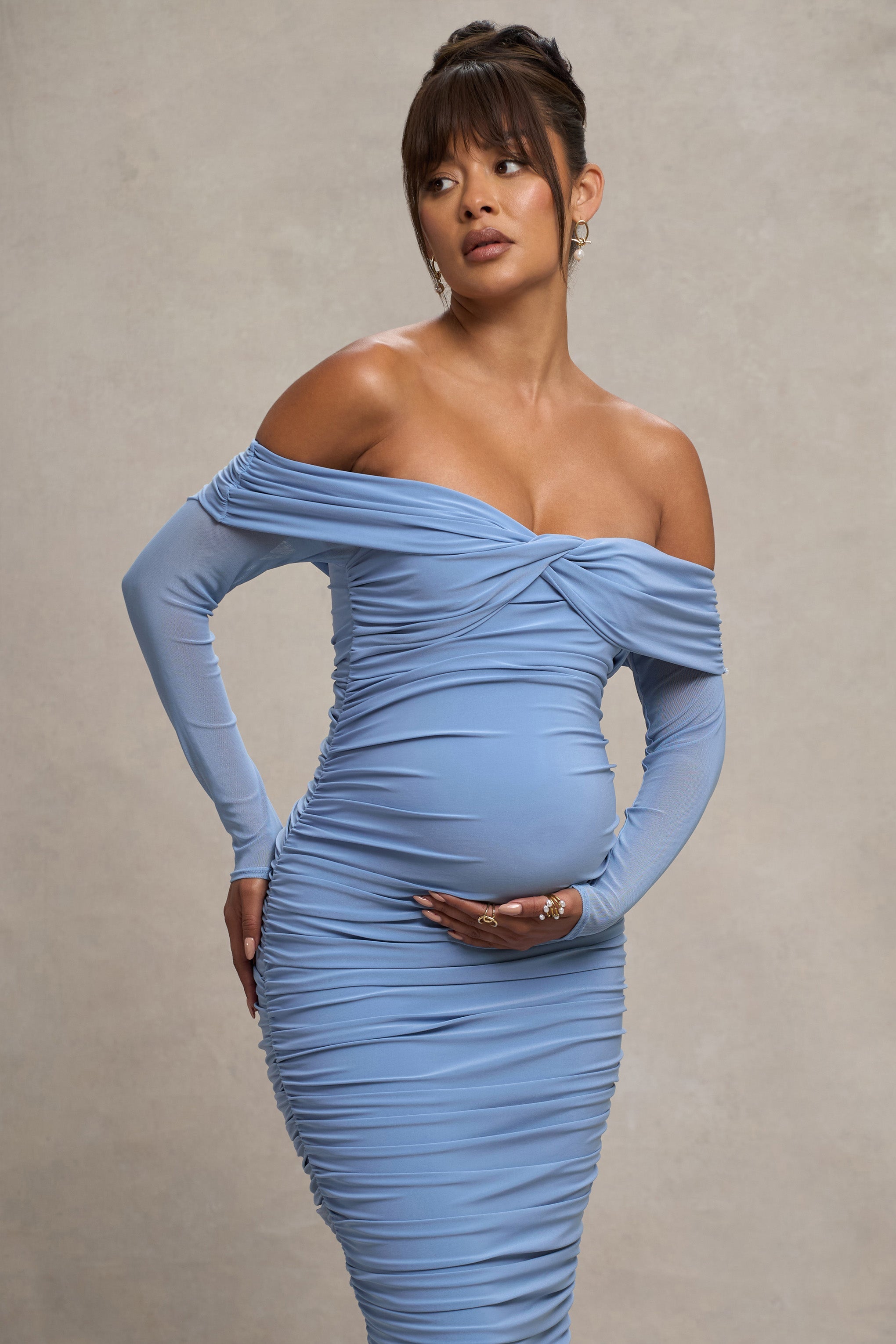 Neva | Powder Blue Bardot Twist Maternity Midi Dress