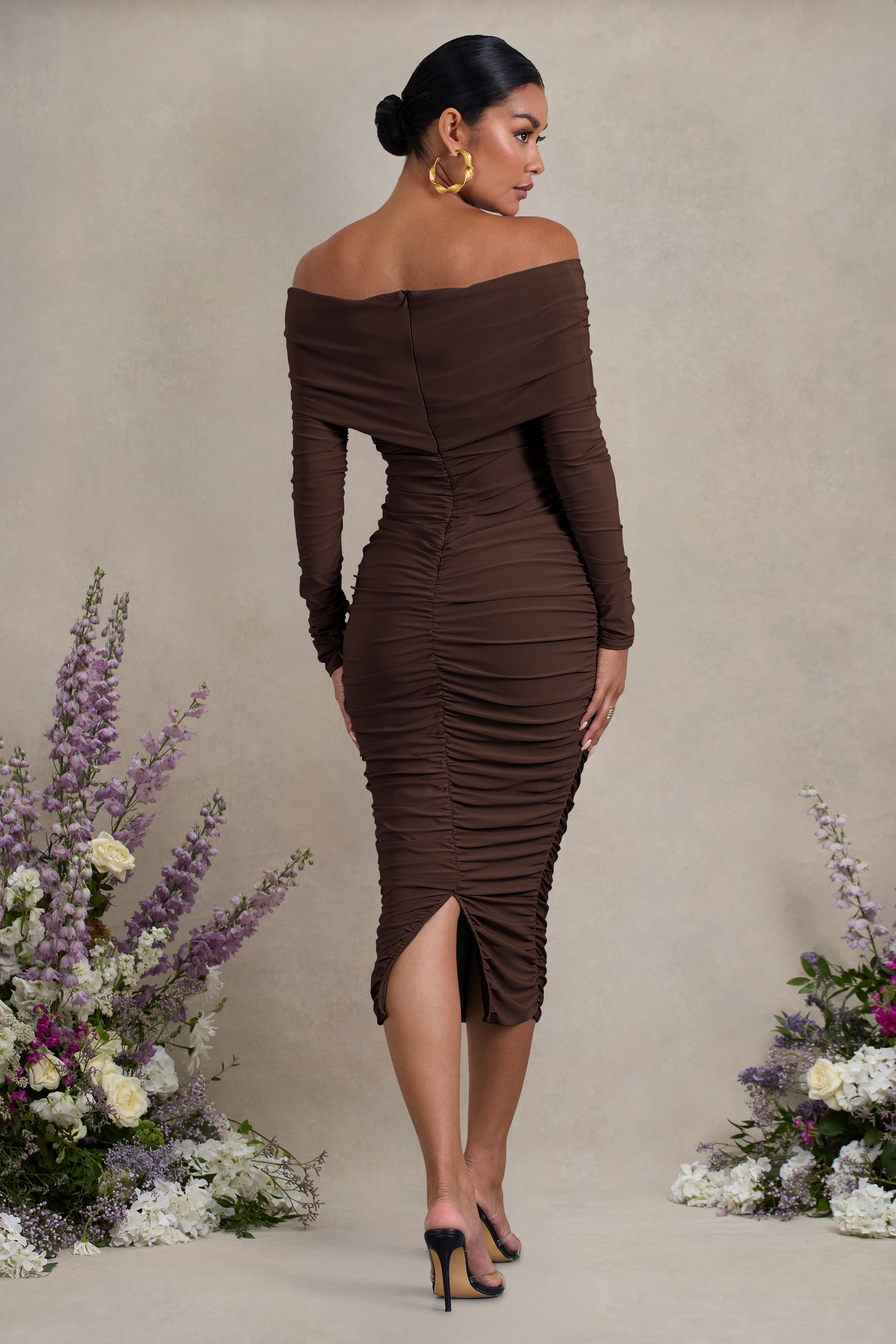 Davina | Brown Ruched Twist Bardot Maternity Midi Dress