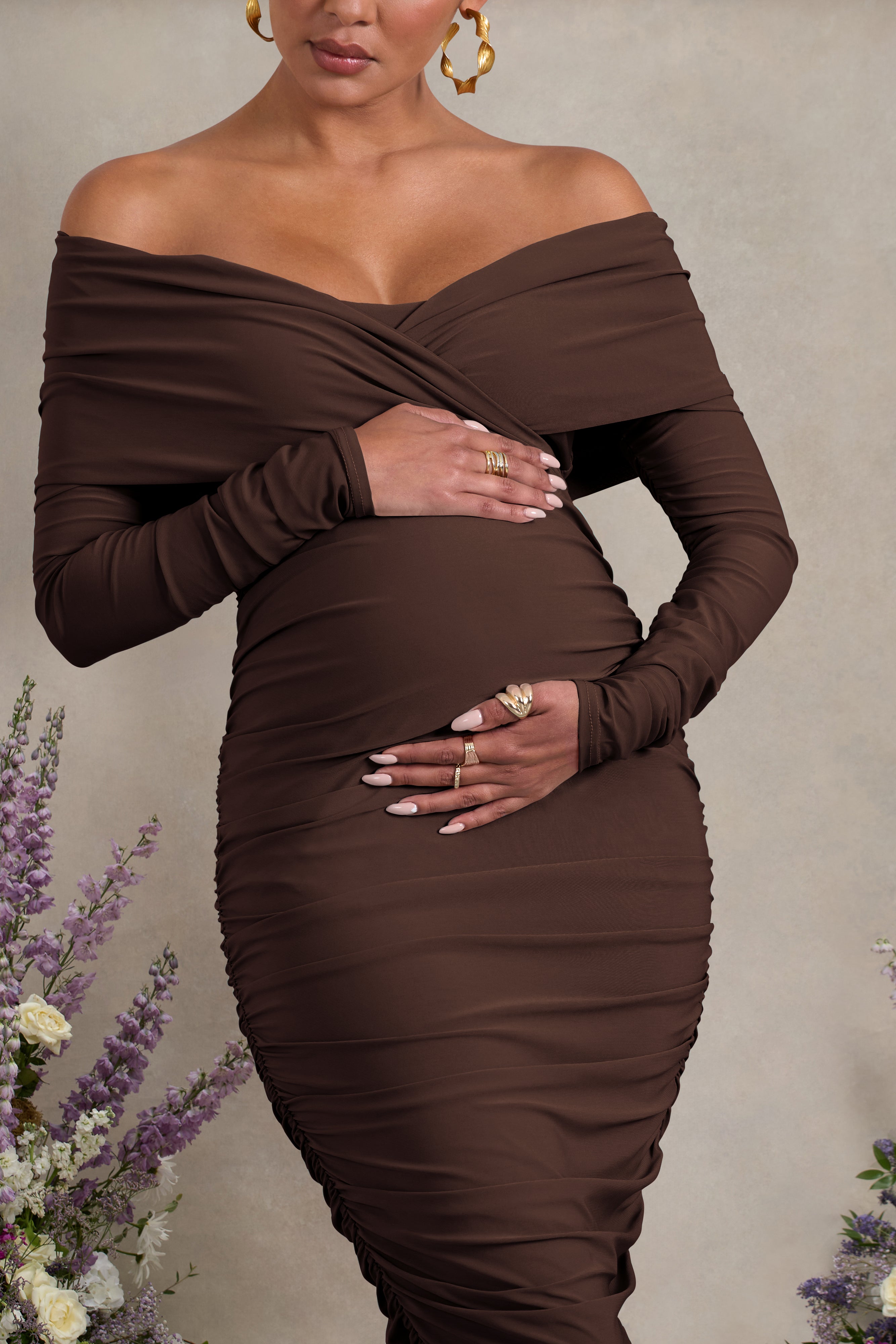 Davina | Brown Ruched Twist Bardot Maternity Midi Dress