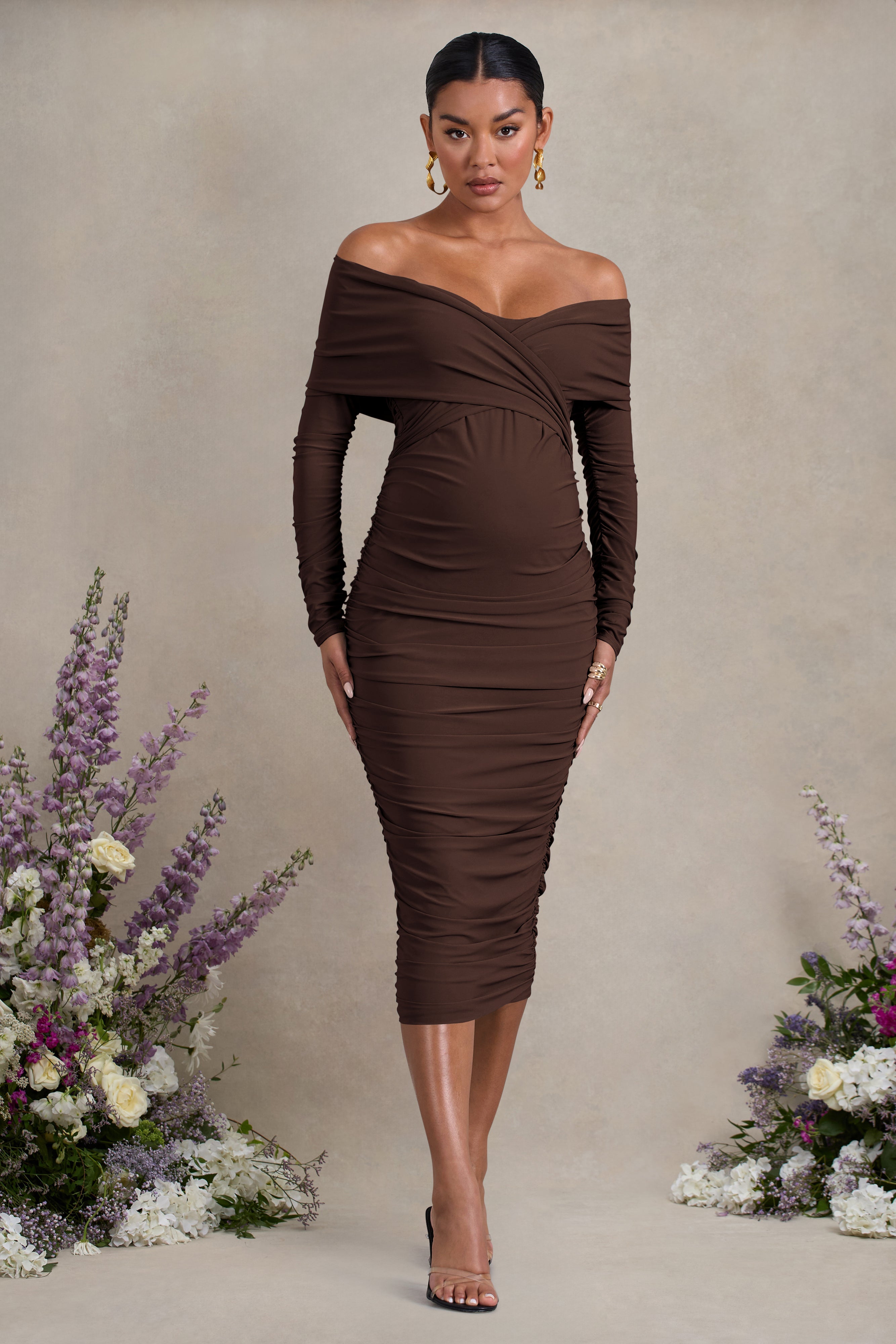 Davina | Brown Ruched Twist Bardot Maternity Midi Dress