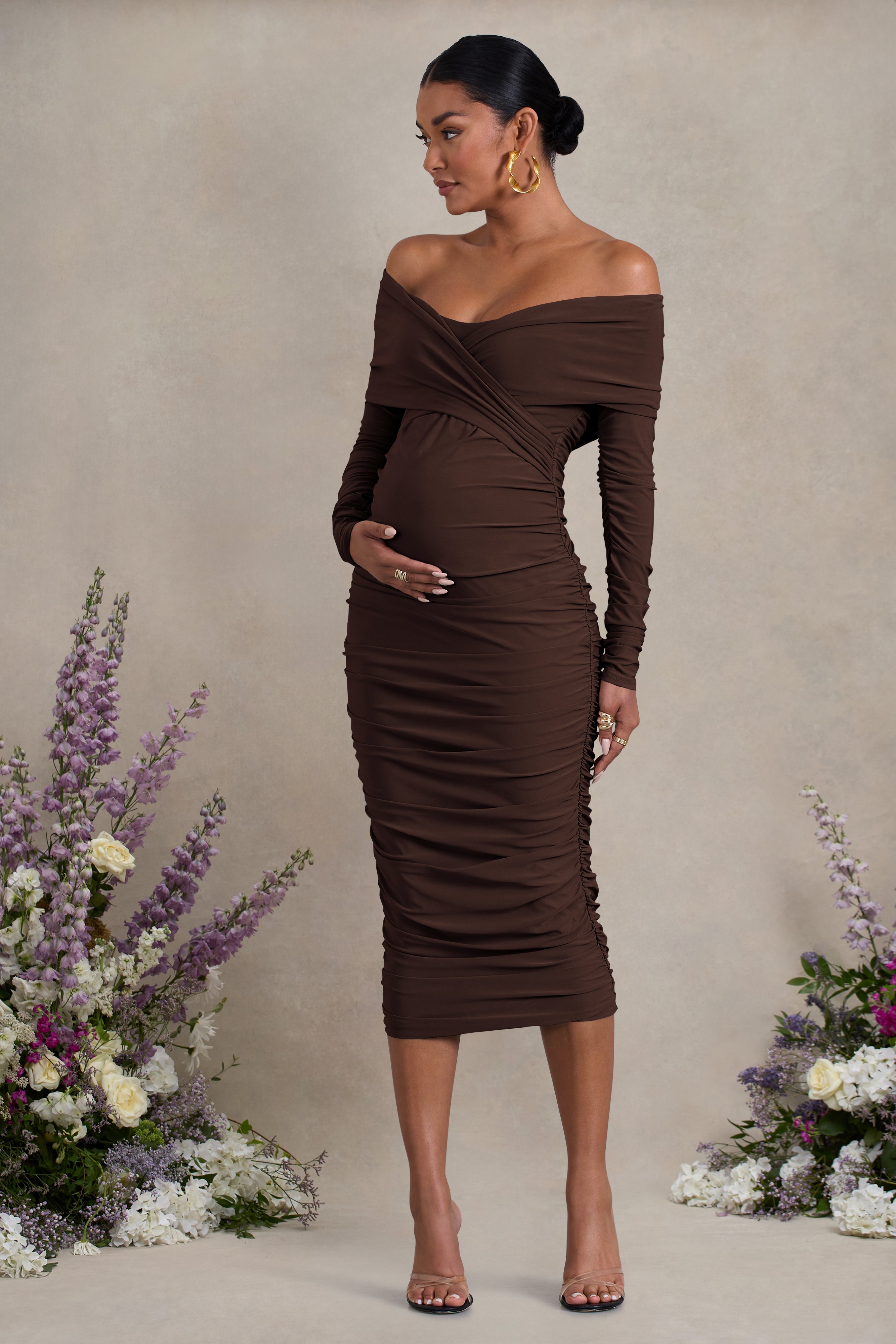 Davina | Brown Ruched Twist Bardot Maternity Midi Dress