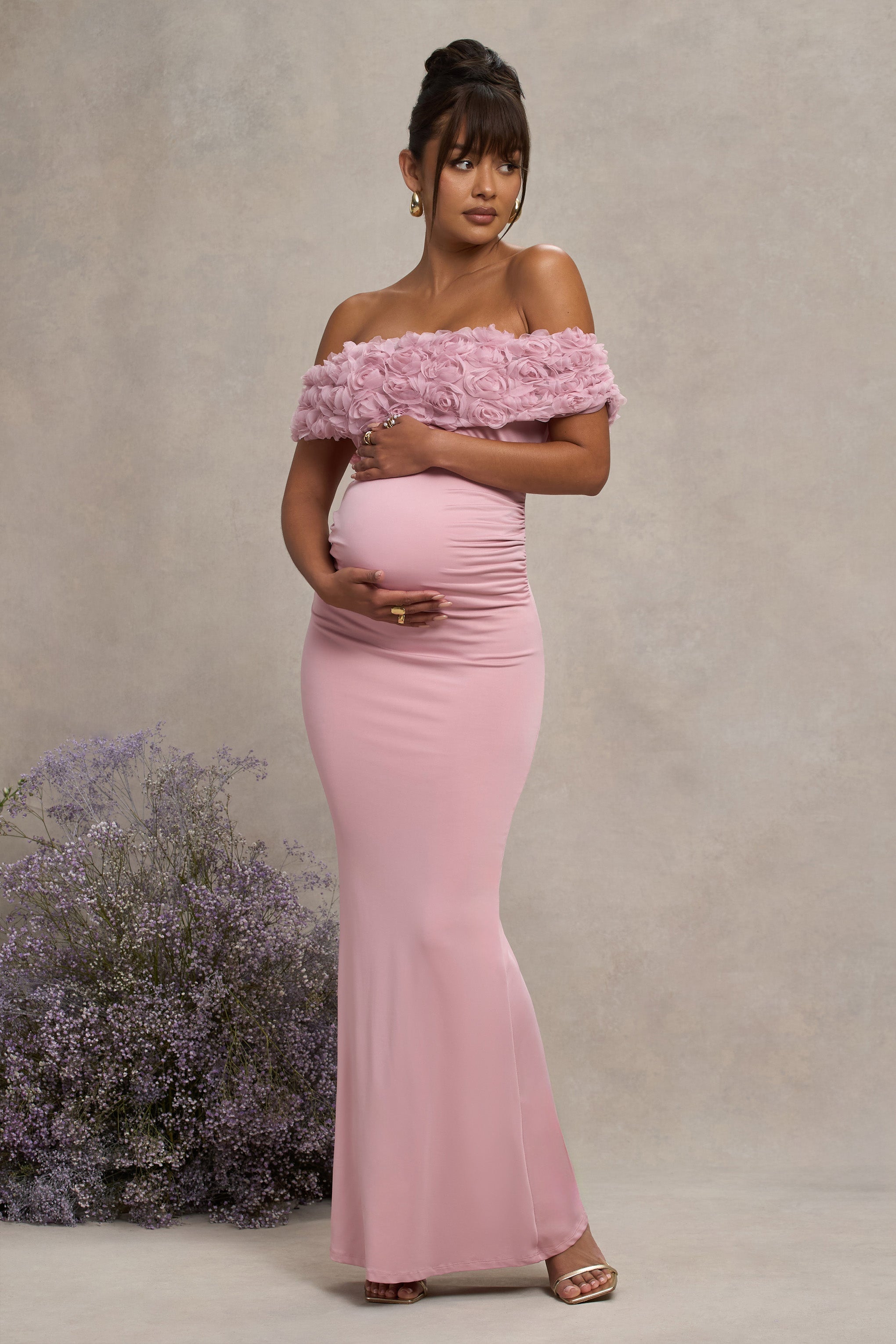 Inflorescence | Blush Pink Mesh Floral Bardot Maternity Maxi Dress