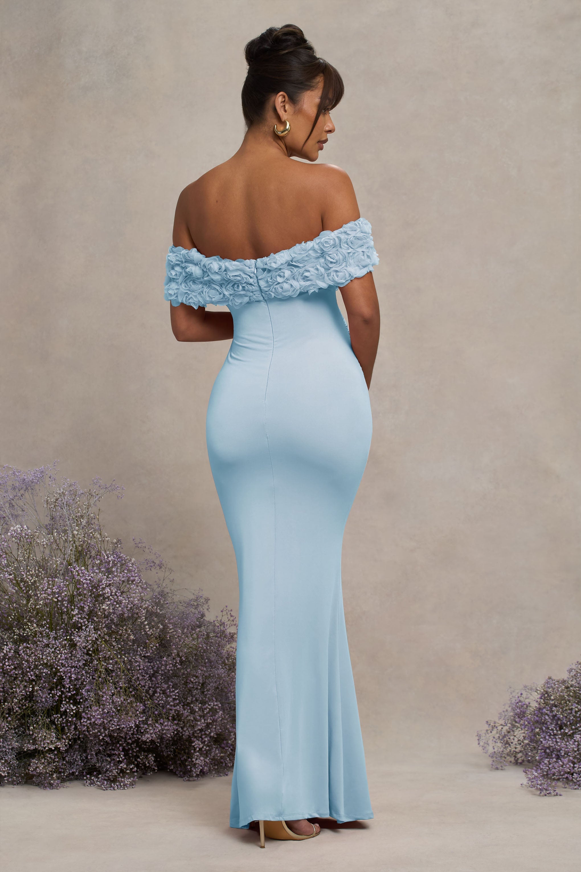 Inflorescence | Powder Blue Mesh Floral Bardot Maternity Maxi Dress