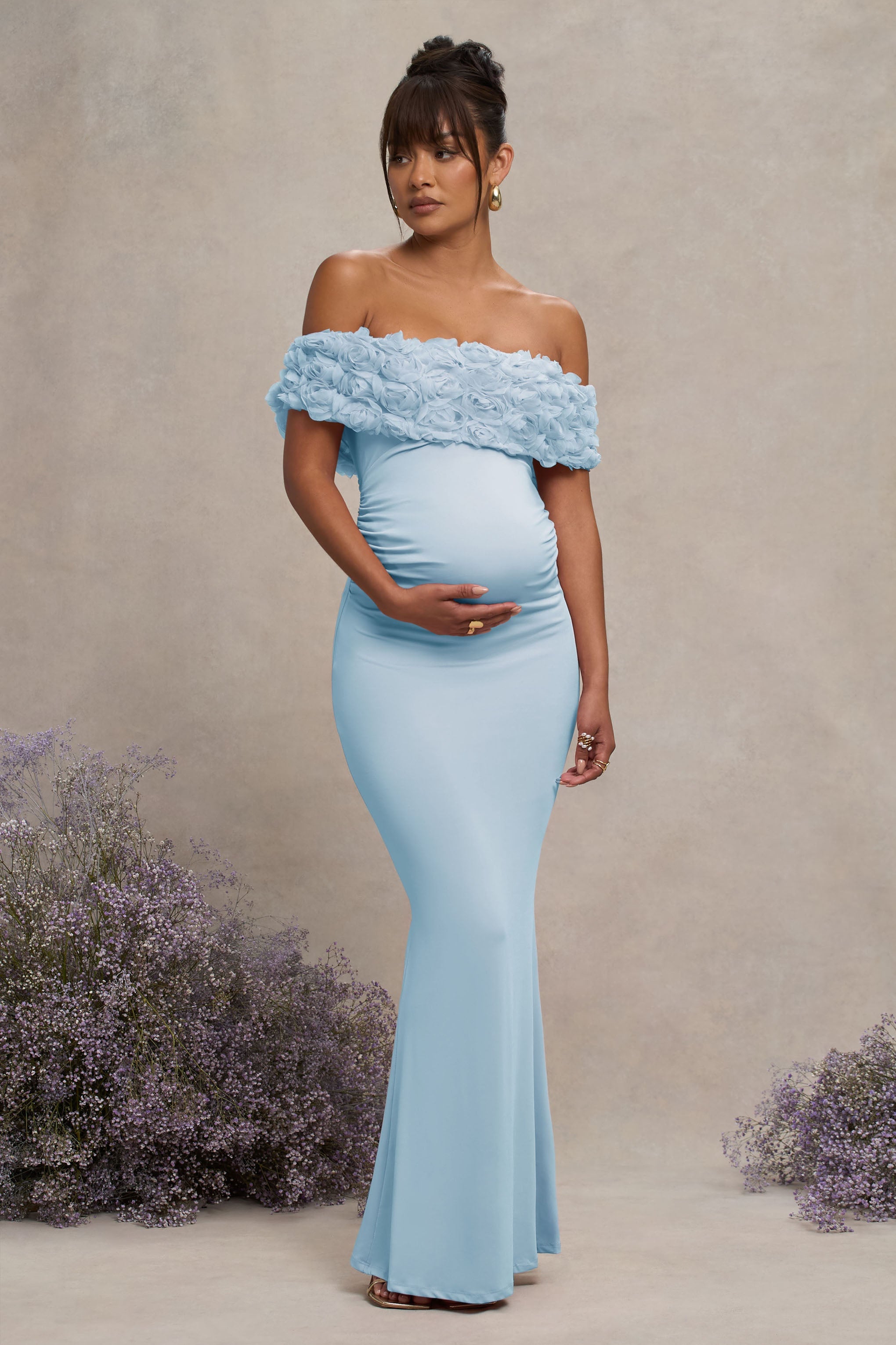 Inflorescence | Powder Blue Mesh Floral Bardot Maternity Maxi Dress