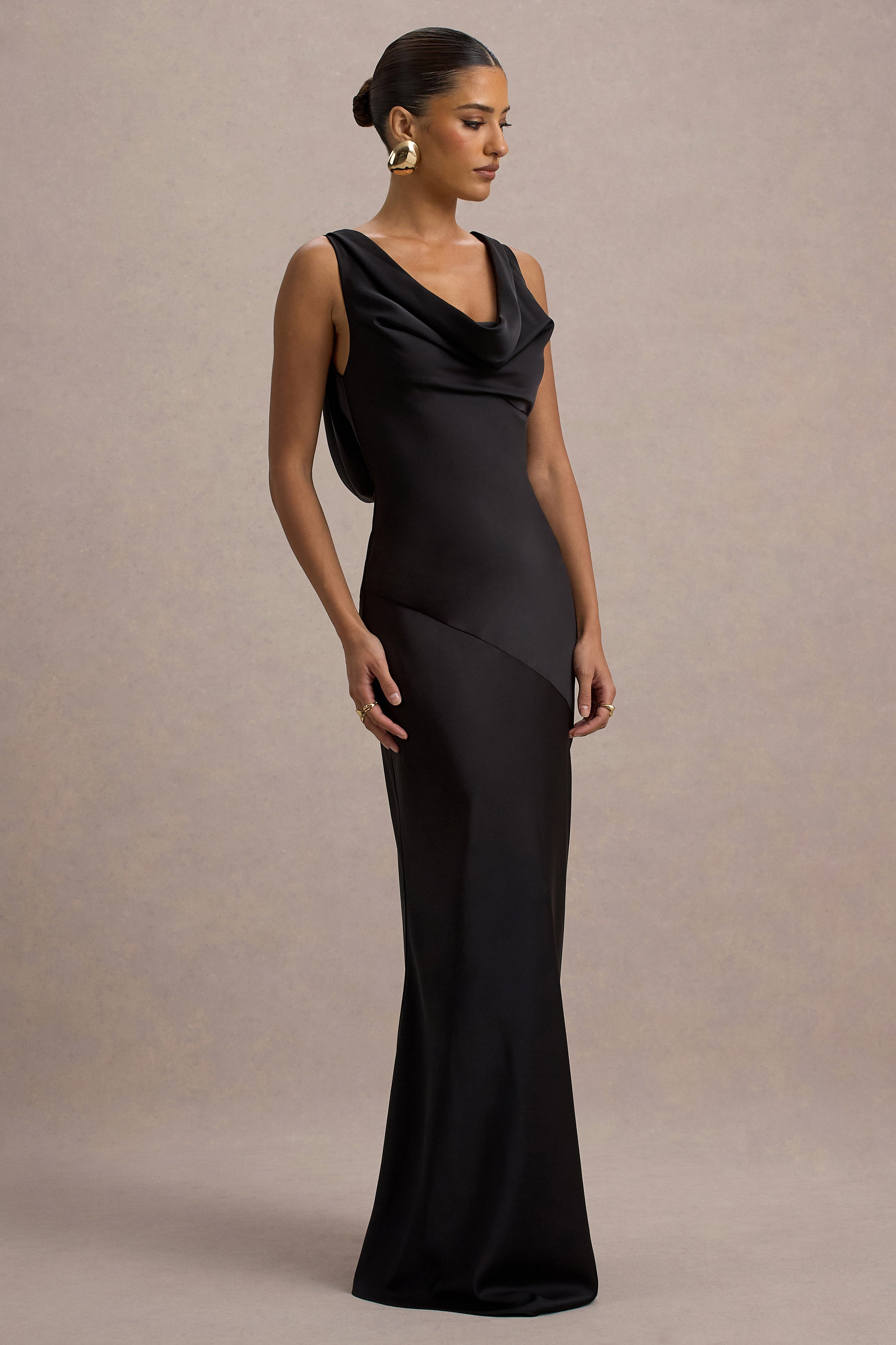 Alesso | Black Satin Cowl-Neck Slip-Maxi Dress
