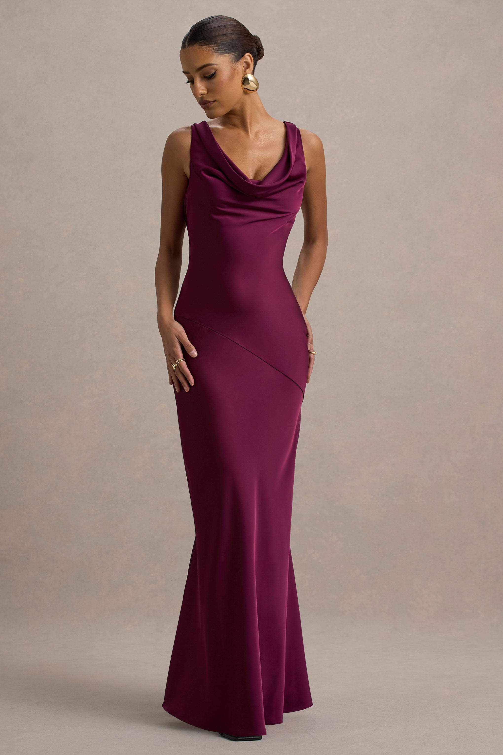 Alesso | Burgundy Satin Cowl-Neck Slip-Maxi Dress