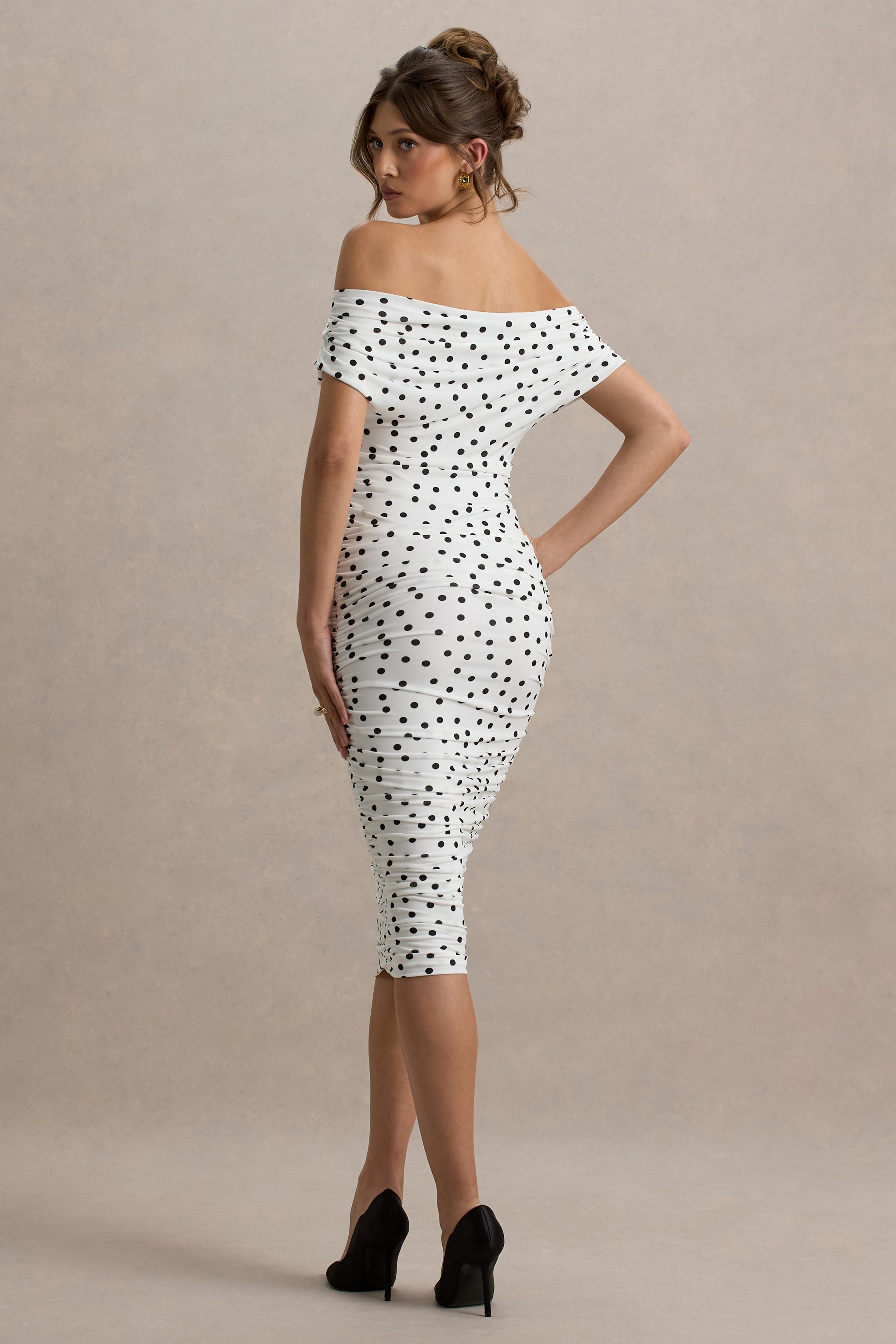 Rayleigh | Polka Dot Bardot Ruched Midi Dress