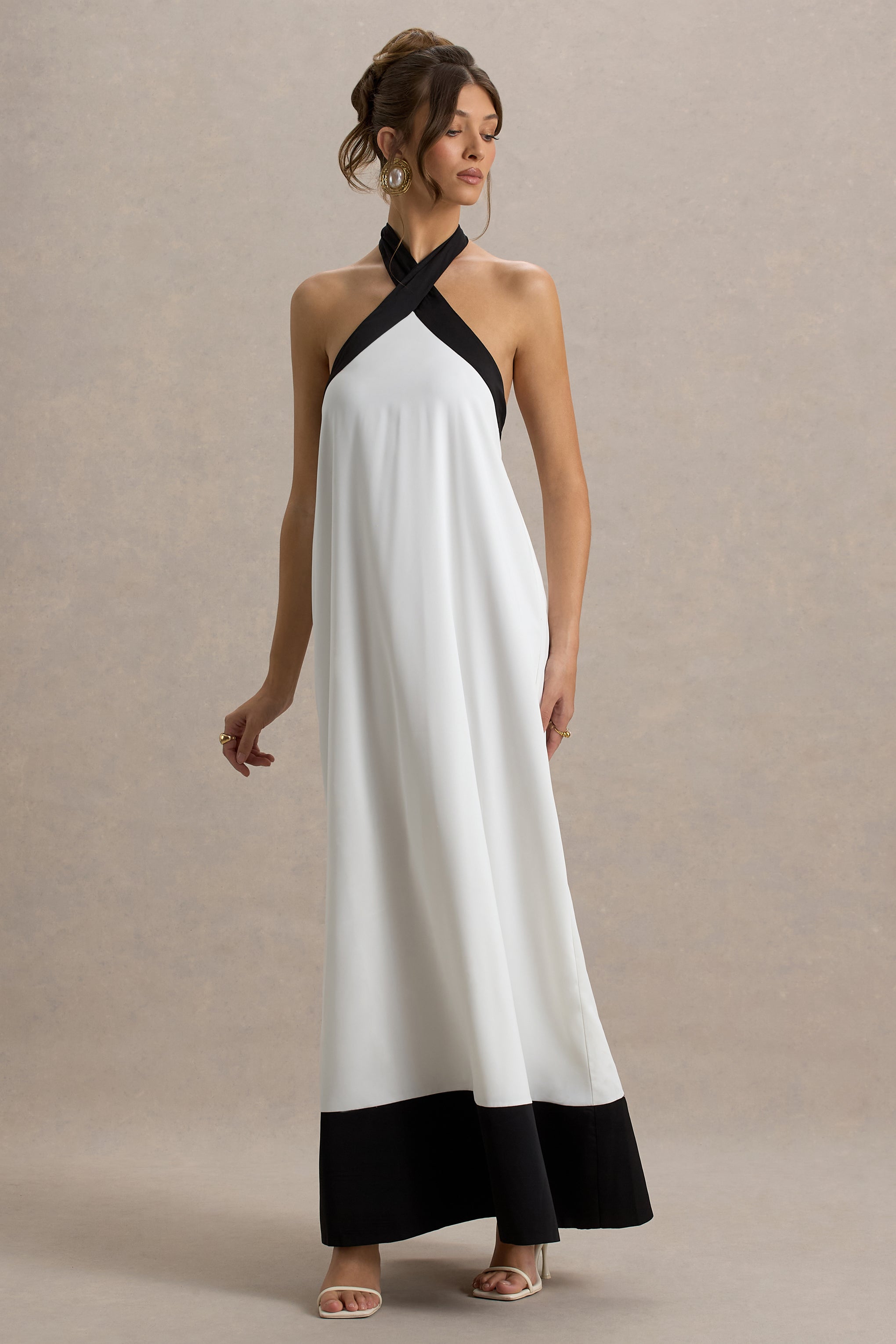 Clarabella | White & Black Halter-Neck Maxi Dress