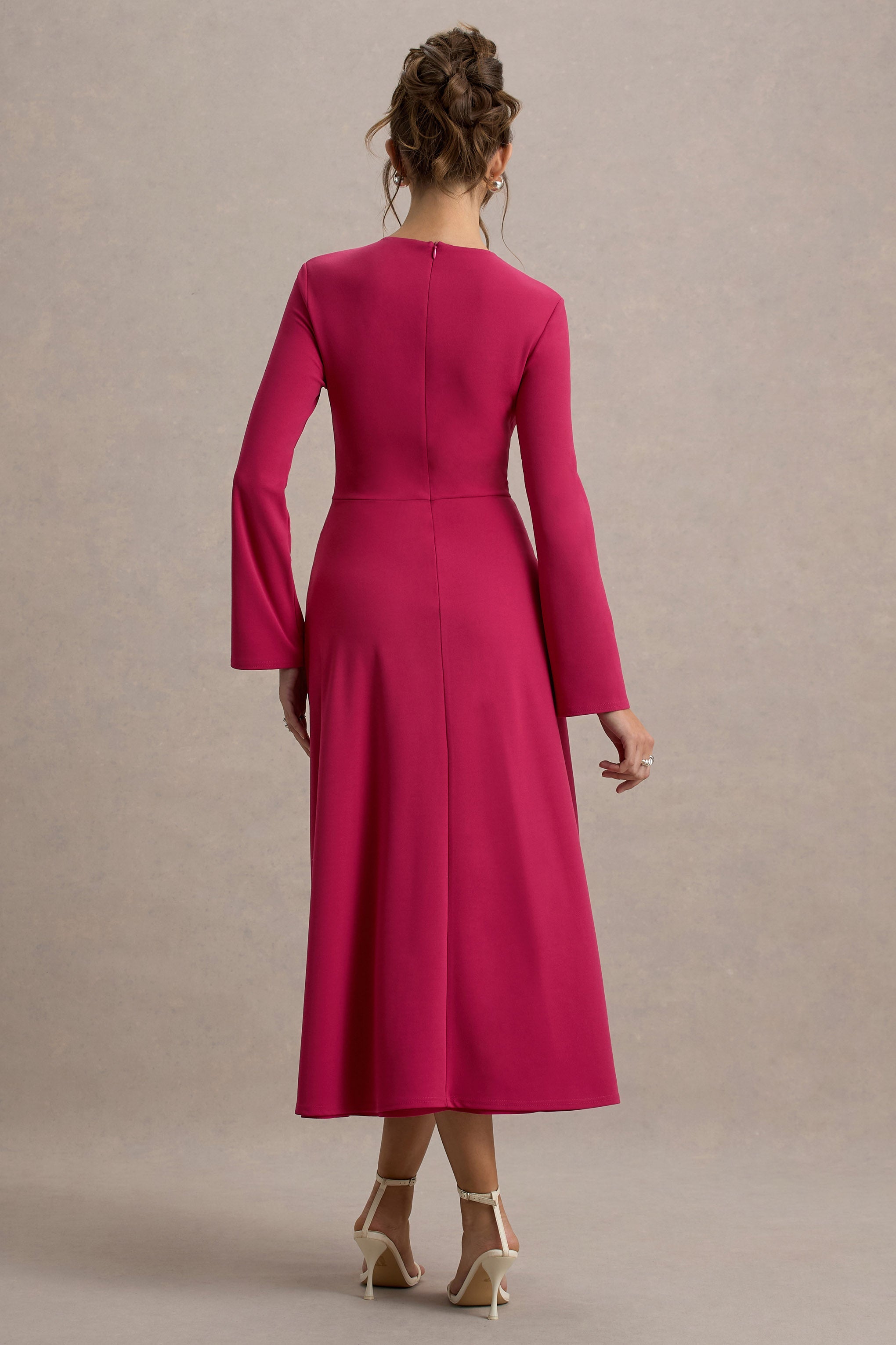 Cassiopeia | Hot Pink Long-Sleeve Midi Dress With Cross Waist