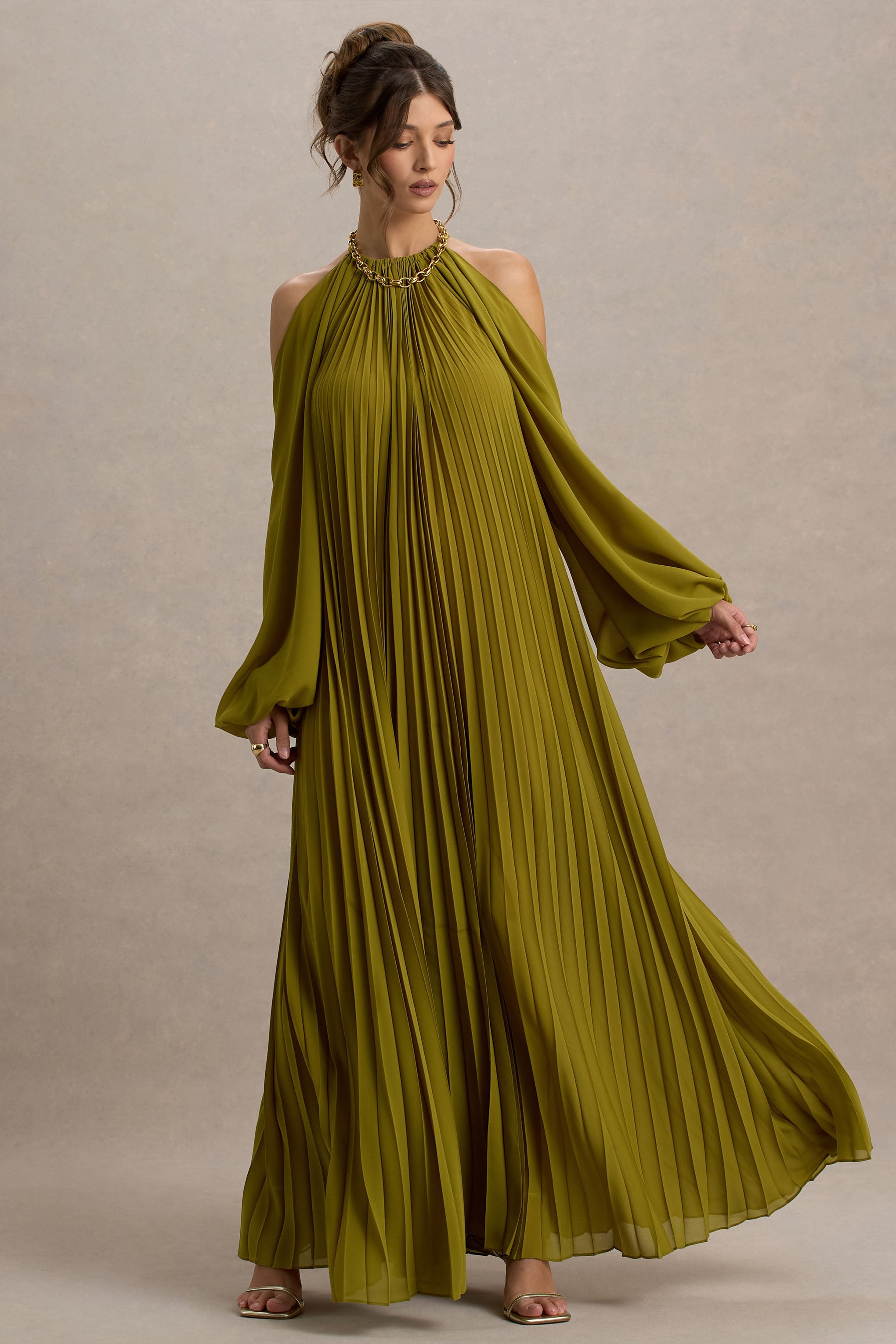 Reyna | Olive Pleated Chiffon Cold-Shoulder Maxi Dress