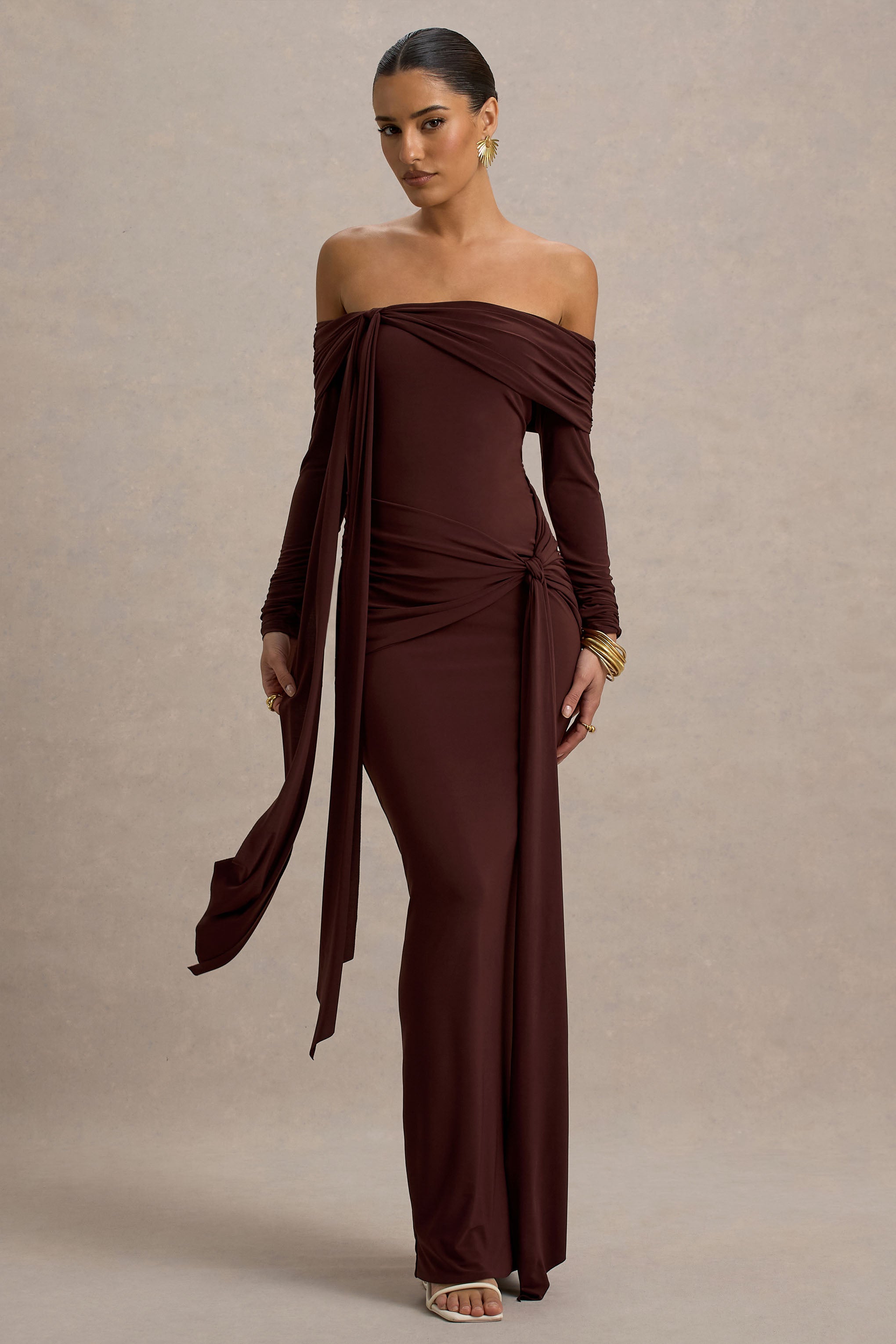 Jovie | Brown Bardot Wrap Maxi Dress With Sash Detail