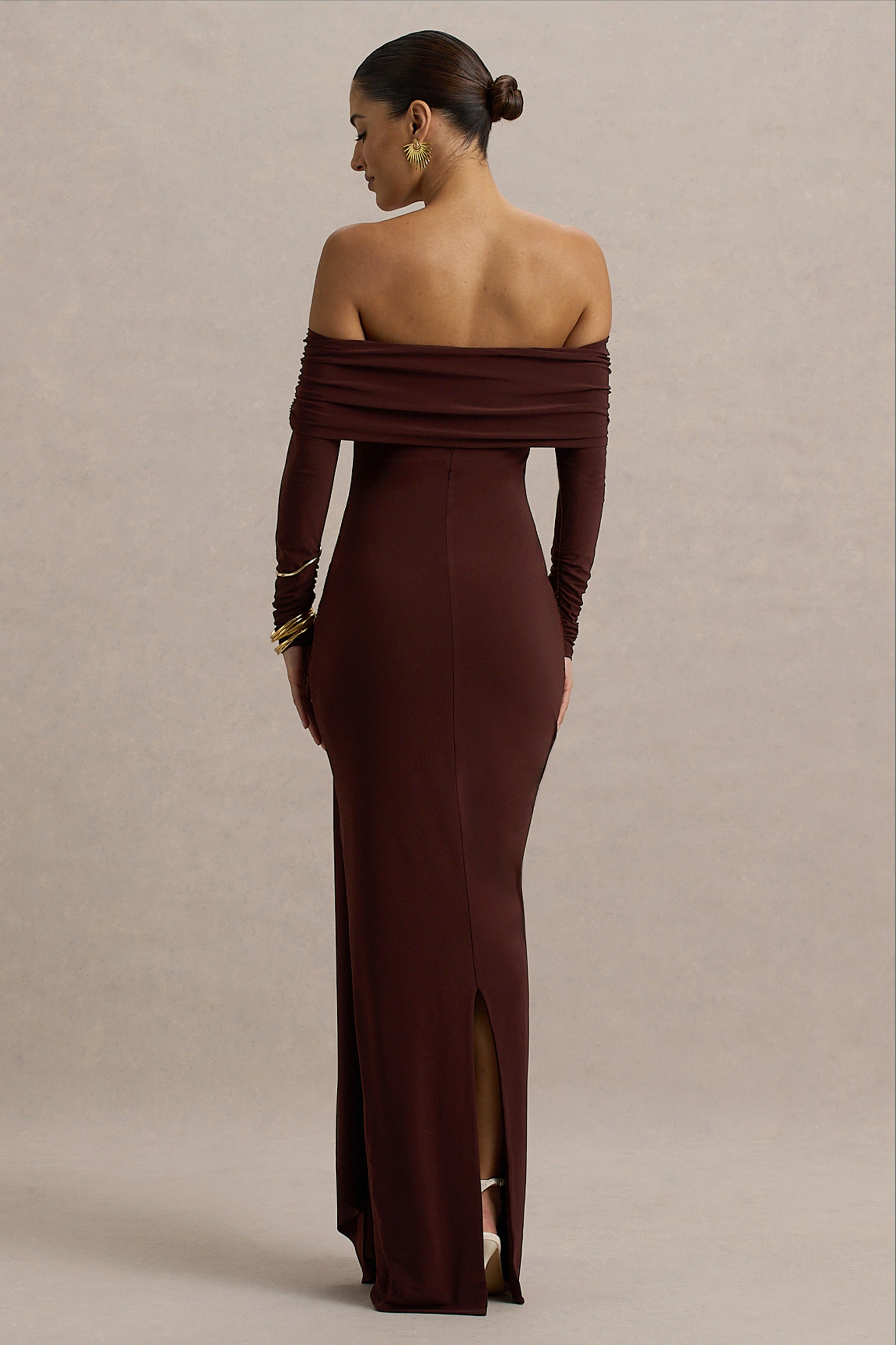Jovie | Brown Bardot Wrap Maxi Dress With Sash Detail