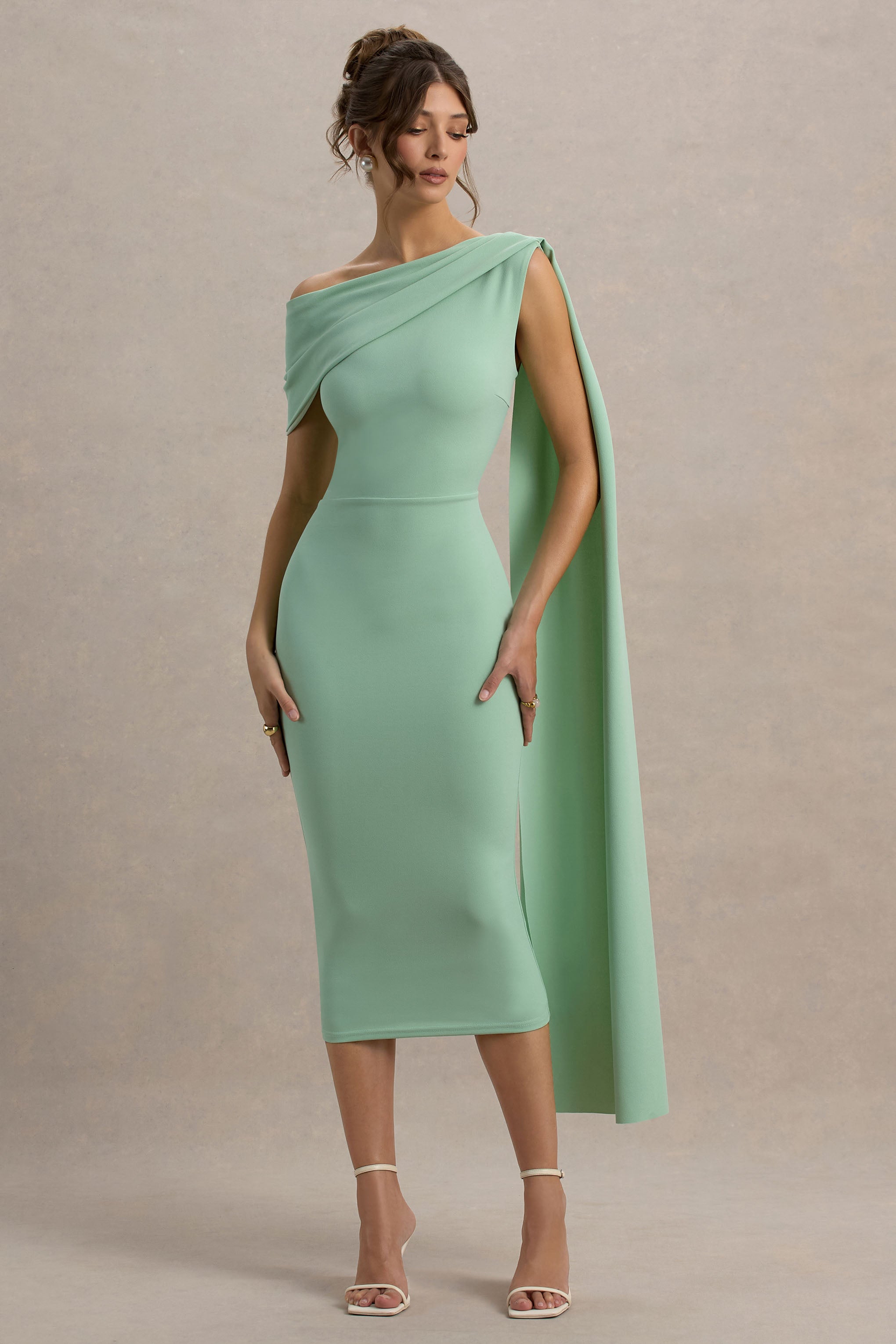 Niamh | Sage Asymmetric Midi Dress With Drape