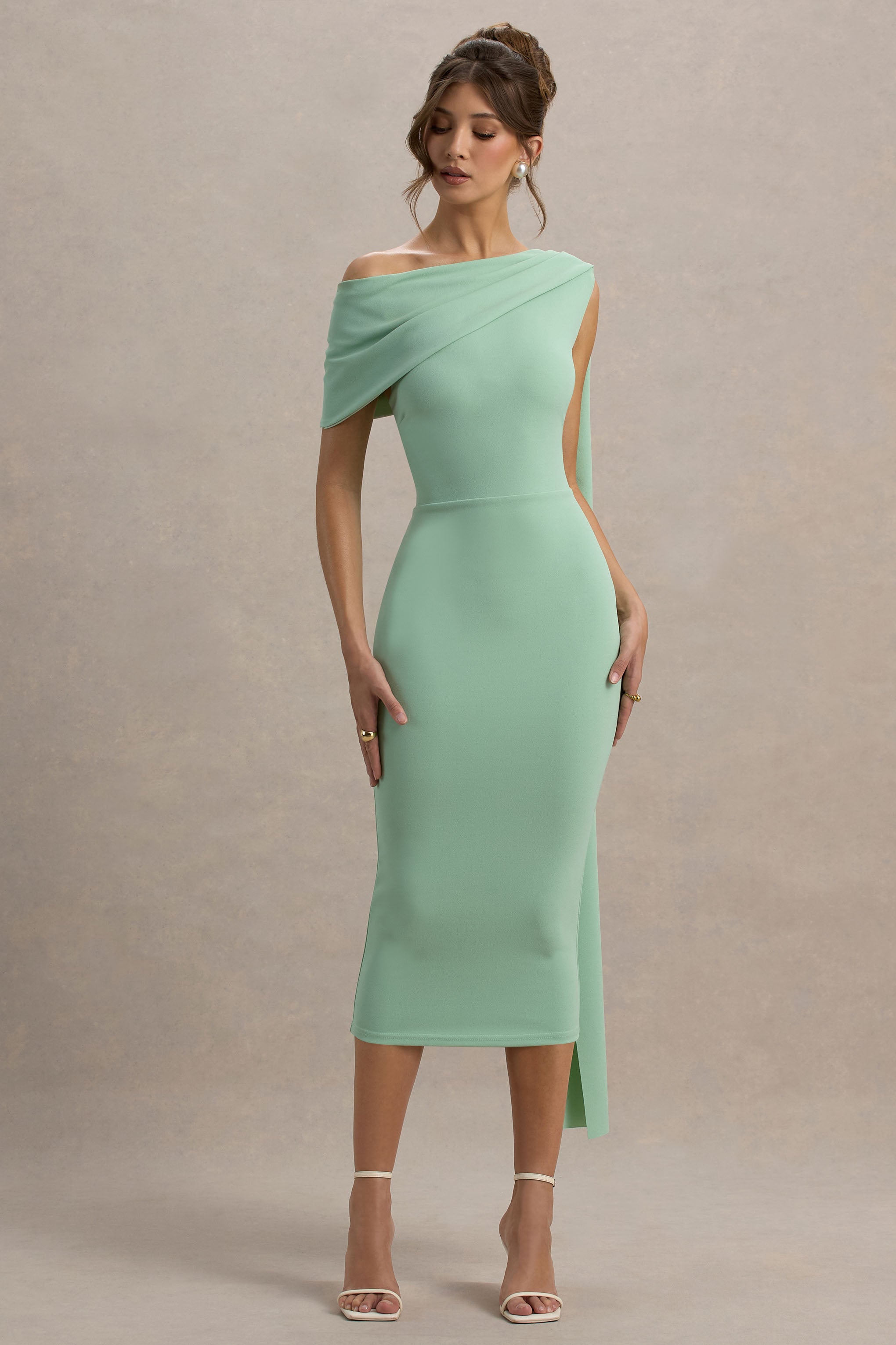 Niamh | Sage Asymmetric Midi Dress With Drape