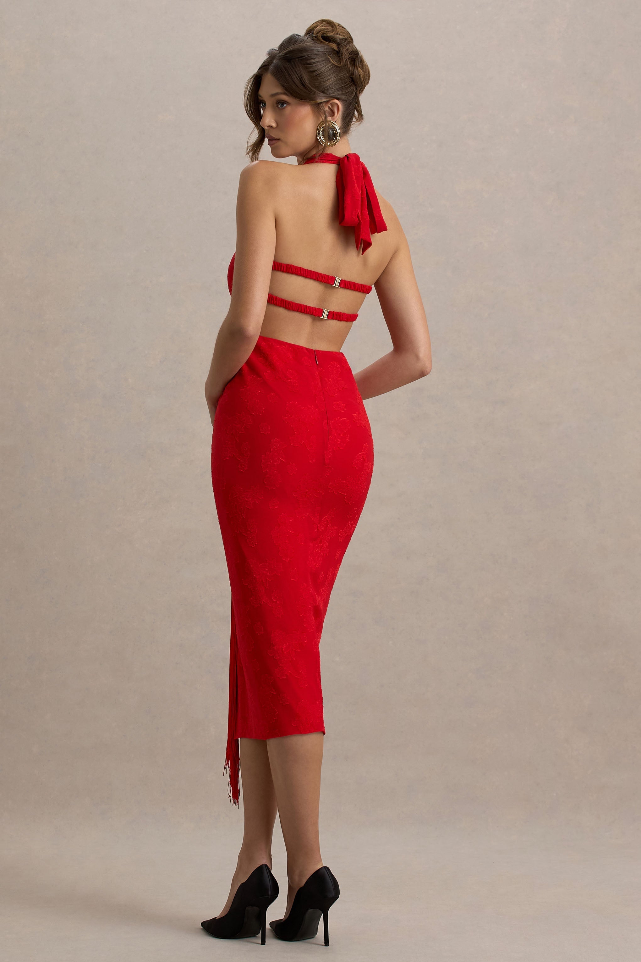 Auria | Red Satin Devore Plunge-Neck Midi Dress With Fringe Details