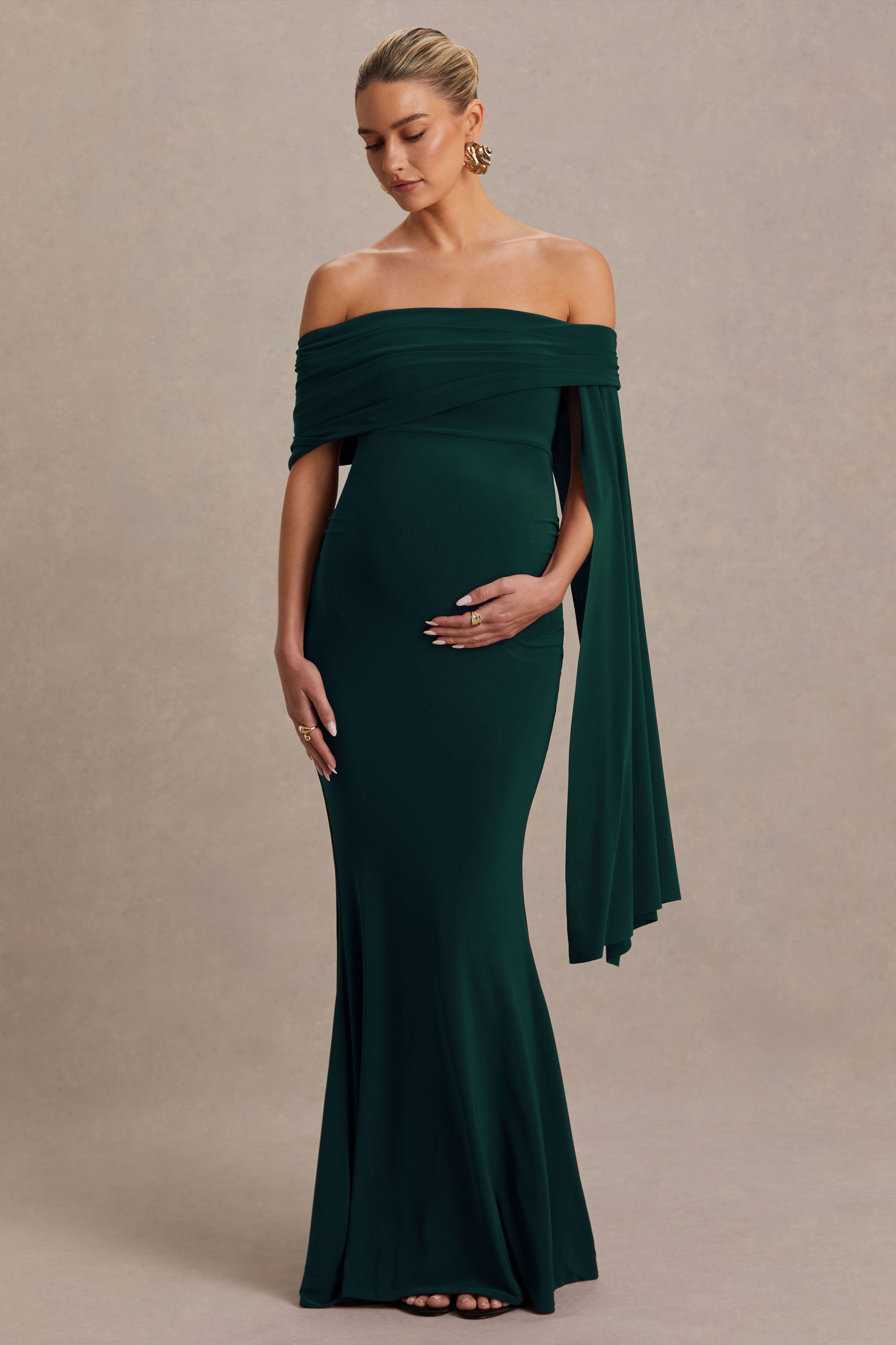 Aquila | Bottle Green Bardot Maternity Maxi Dress With Draped Detail