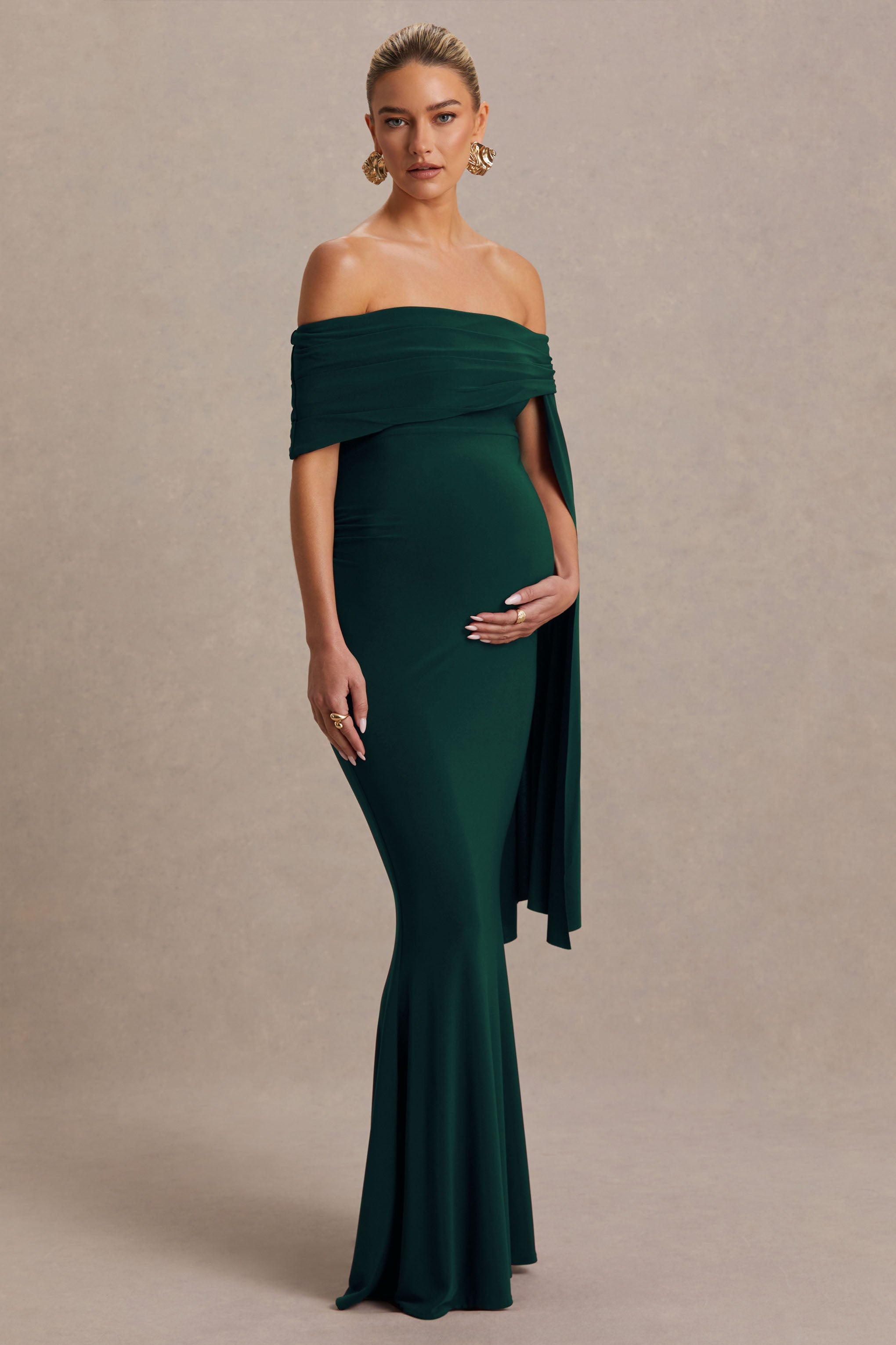 Aquila | Bottle Green Bardot Maternity Maxi Dress With Draped Detail