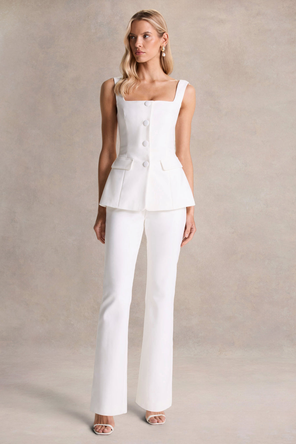 Aceline | White Square-Neck Tailored Jumpsuit