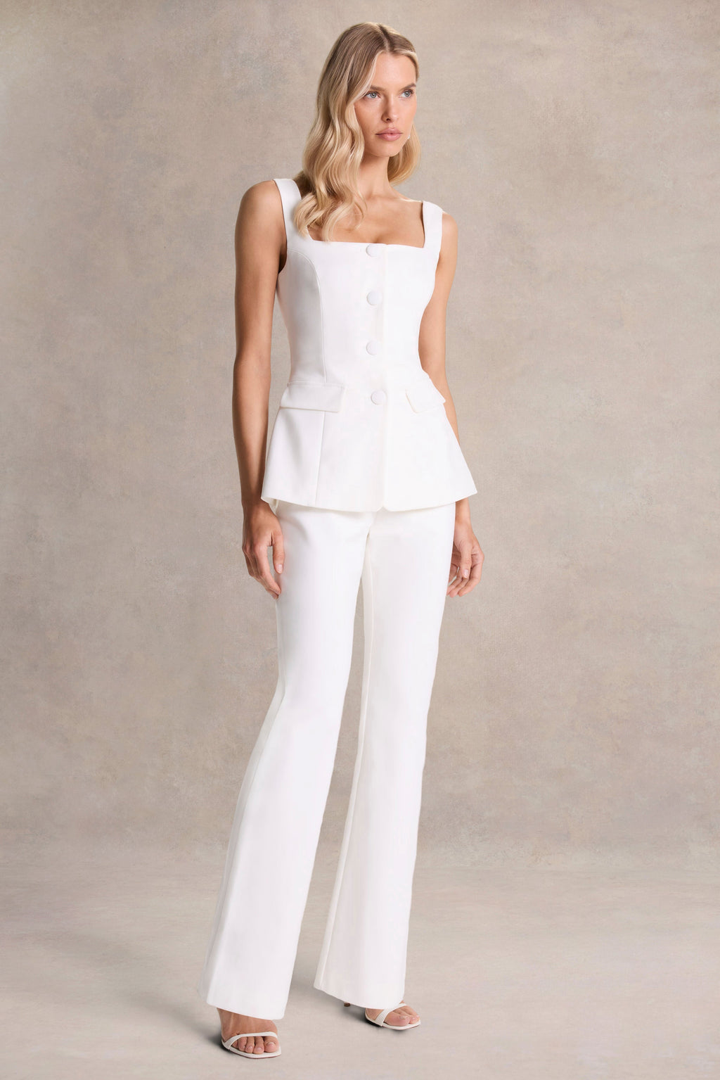 Aceline | White Square-Neck Tailored Jumpsuit