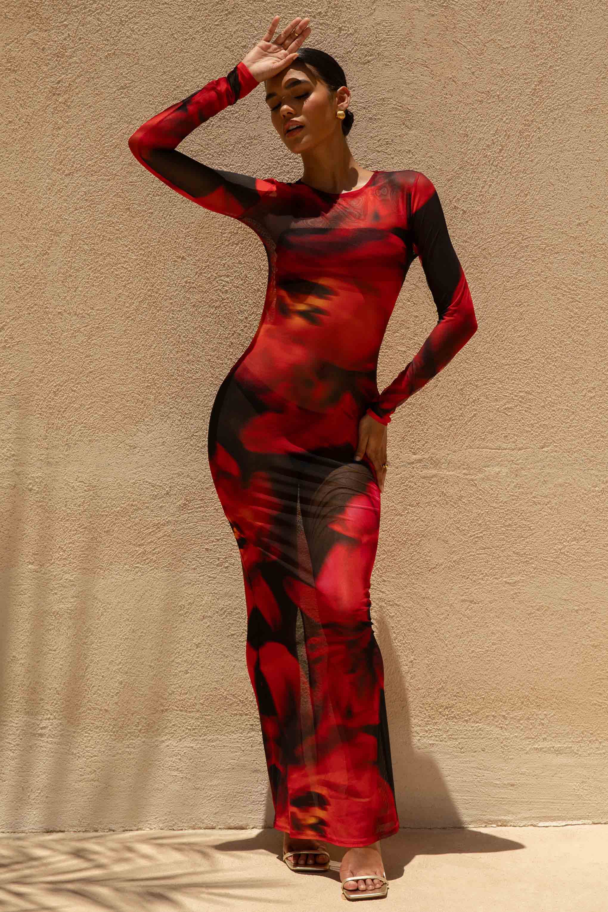 Marcy | Red And Black Floral Print High-Neck Maxi Dress