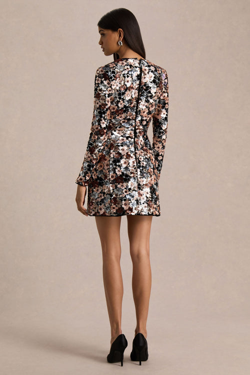 Adaline | Black Velvet & Embellished Sequin Floral Long-Sleeved Mini Dress