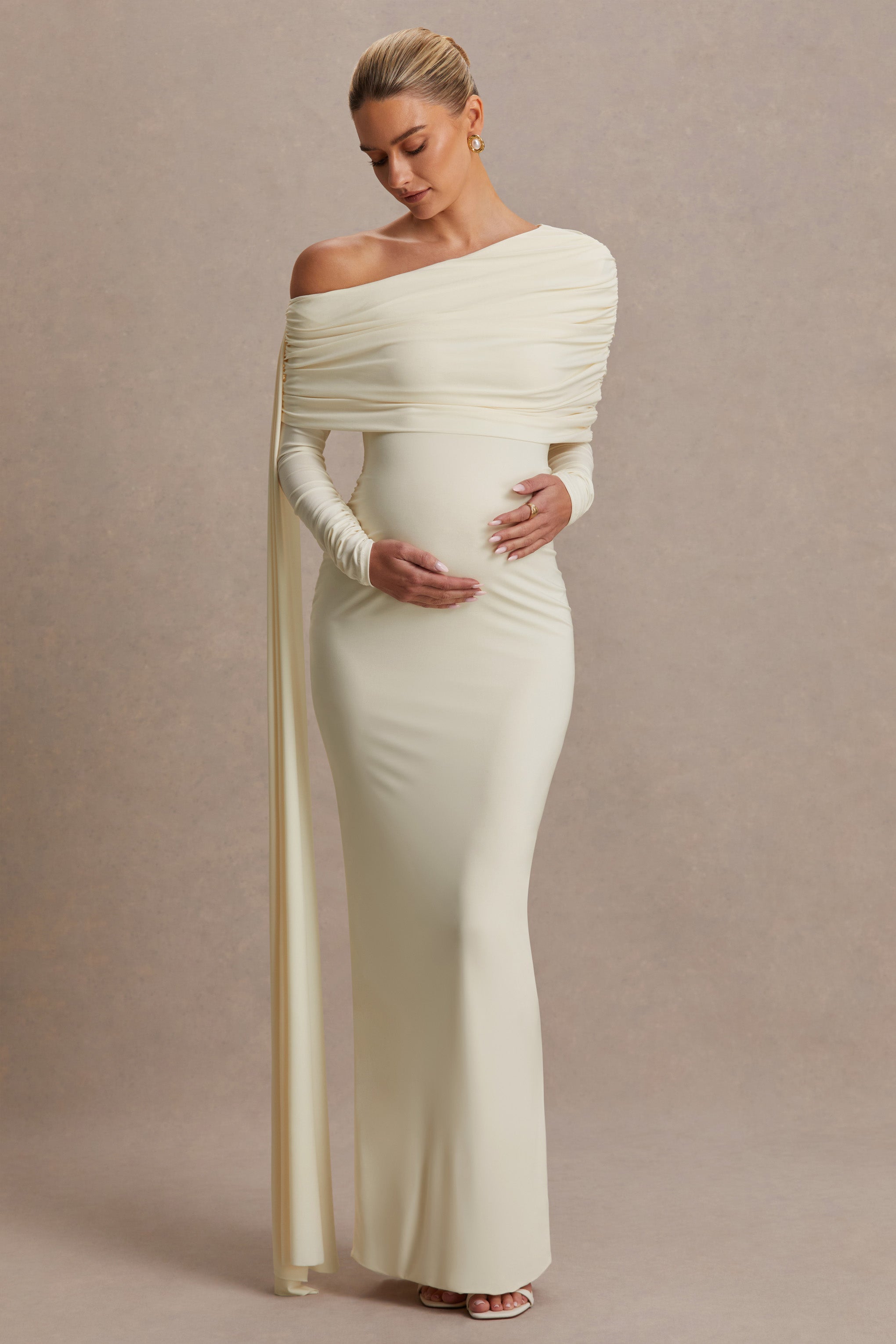 Cyra | Cream Asymmetric-Neck Maternity Maxi Dress With Sash