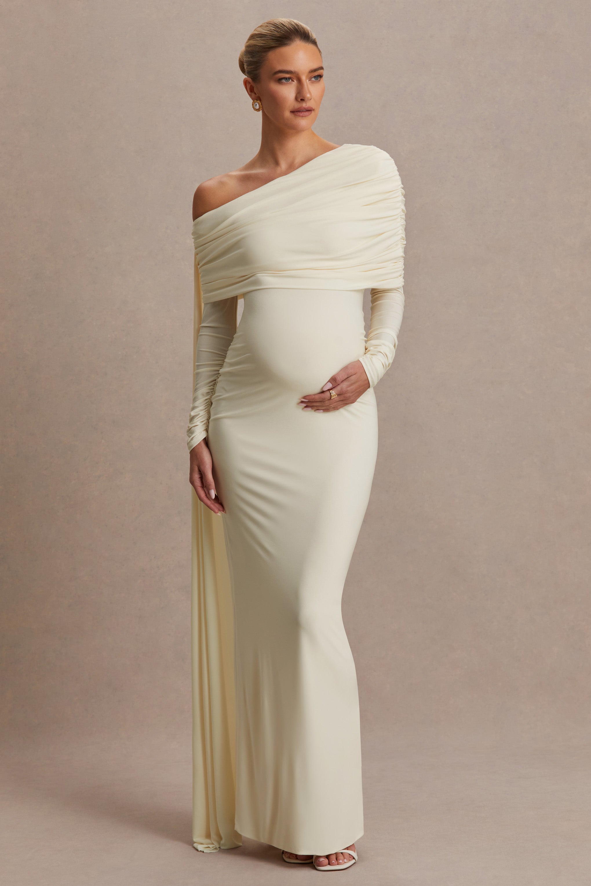 Cyra | Cream Asymmetric-Neck Maternity Maxi Dress With Sash