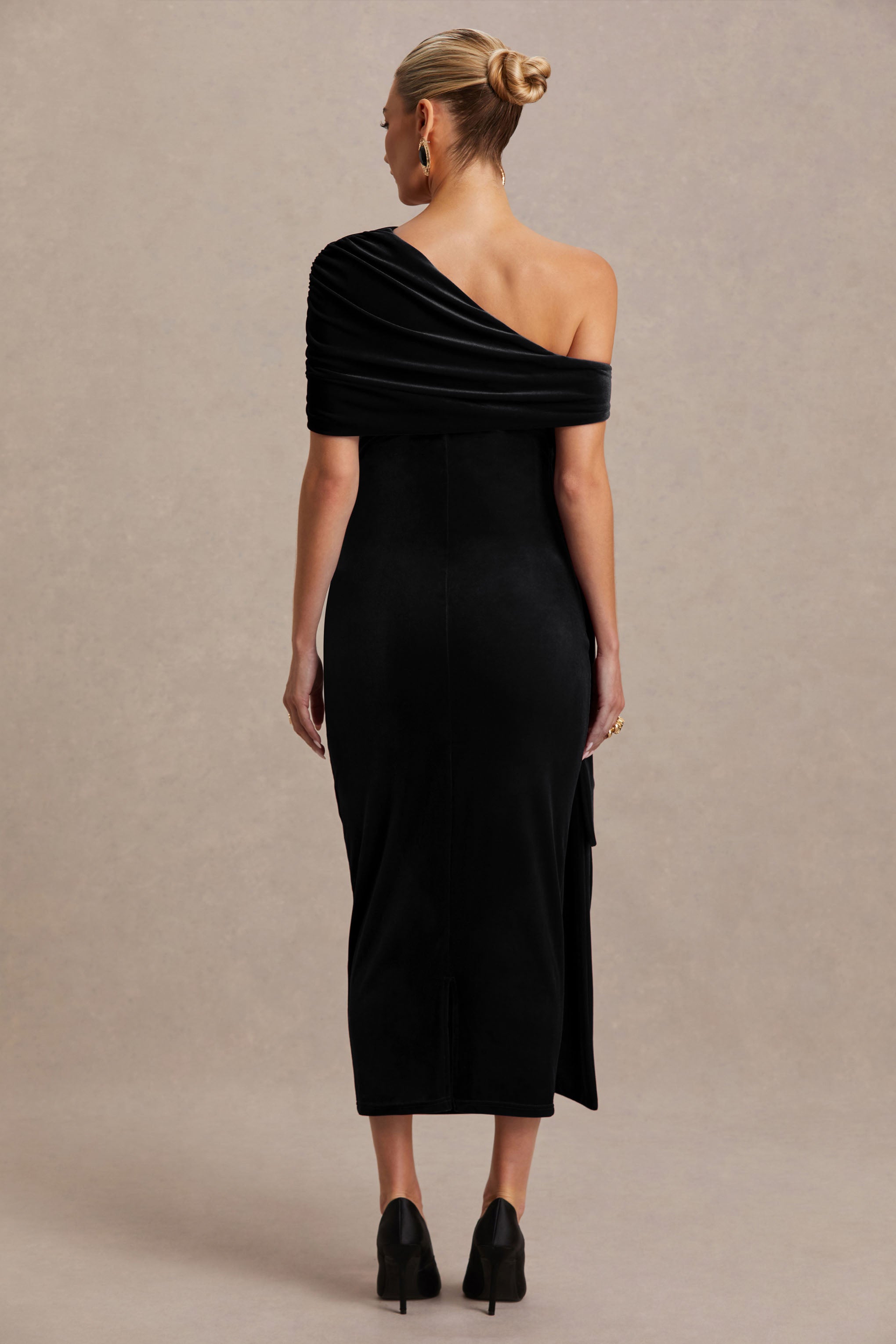 Zena | Black Velvet Asymmetric-Neck Maternity Midi Dress With Knot And Sash Detail