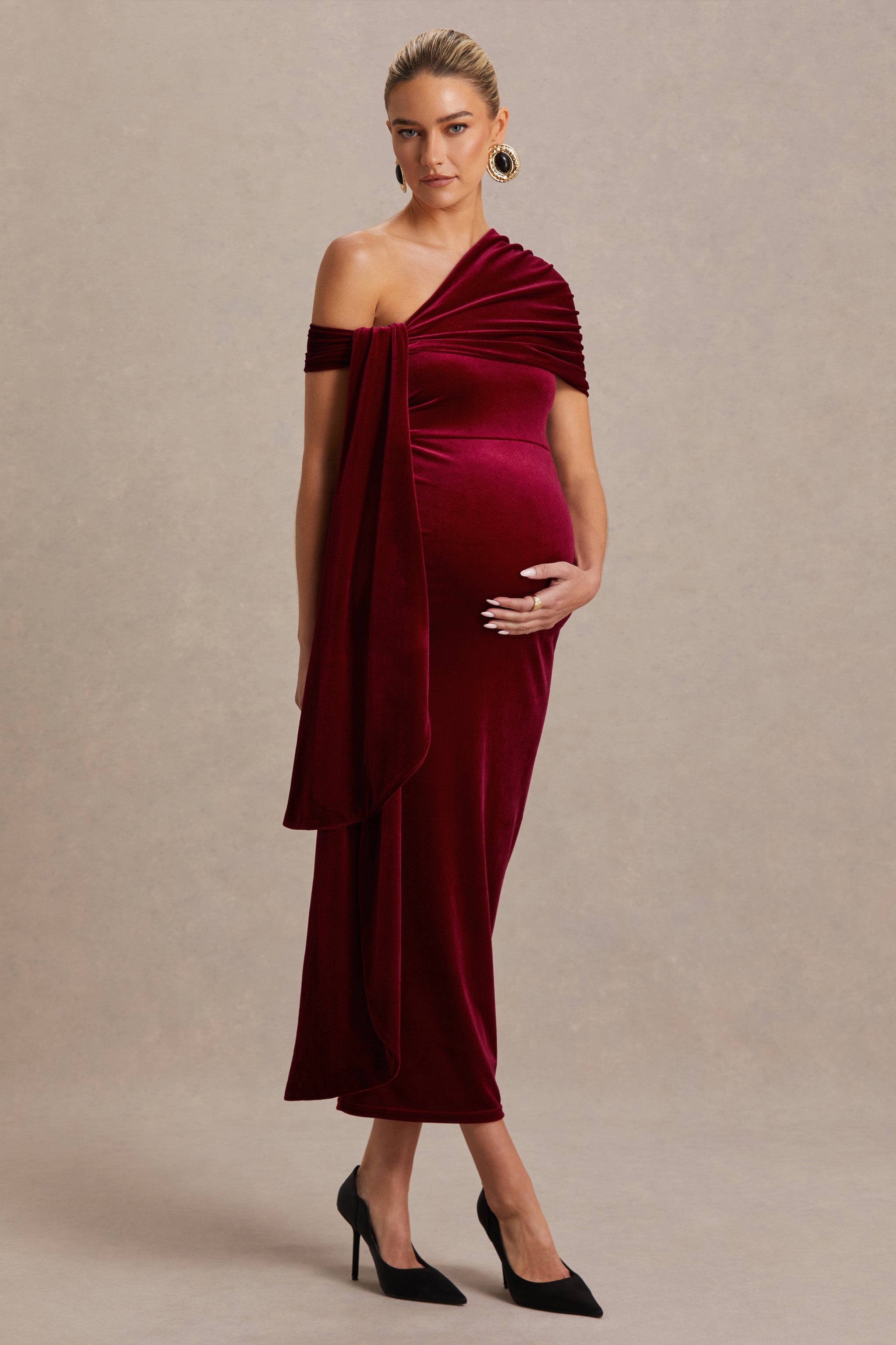 Zena | Burgundy Velvet Asymmetric-Neck Maternity Midi Dress With Knot And Sash Detail