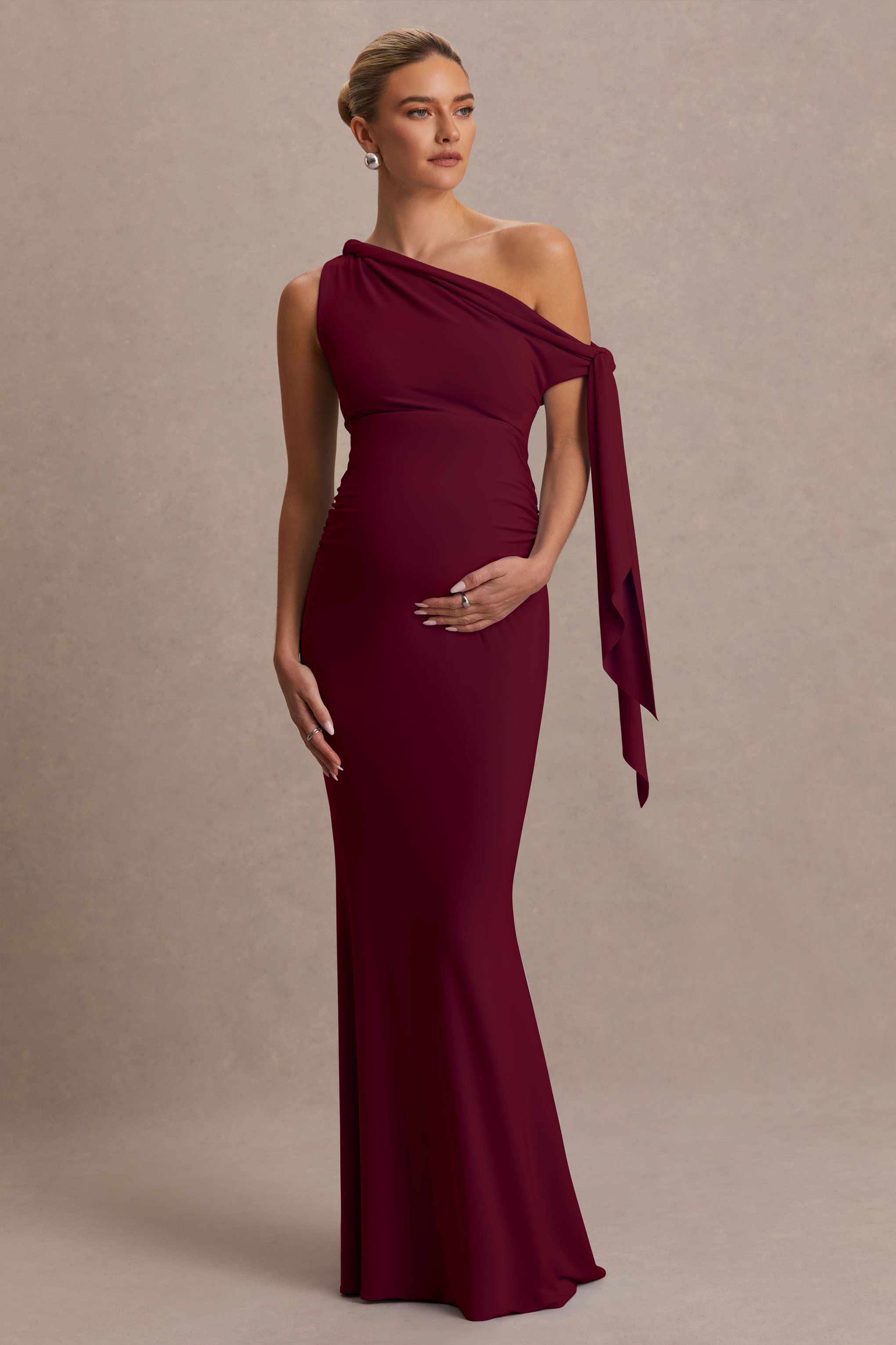 Orielle | Burgundy Asymmetric-Neck Maternity Maxi Dress With Knot-Sleeve And Sash