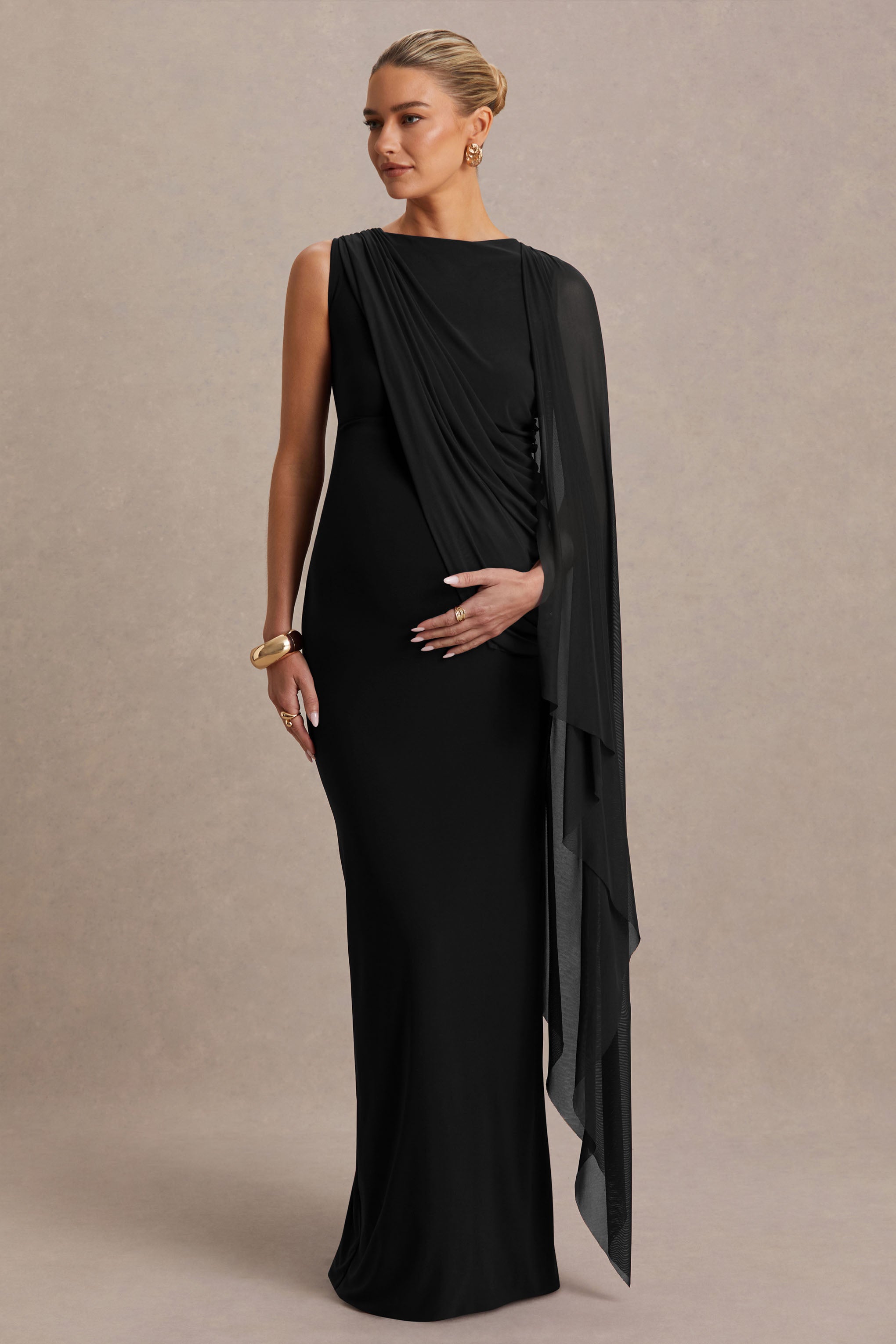 Cristina | Black High-Neck Maternity Maxi Dress With Cape-Sleeve