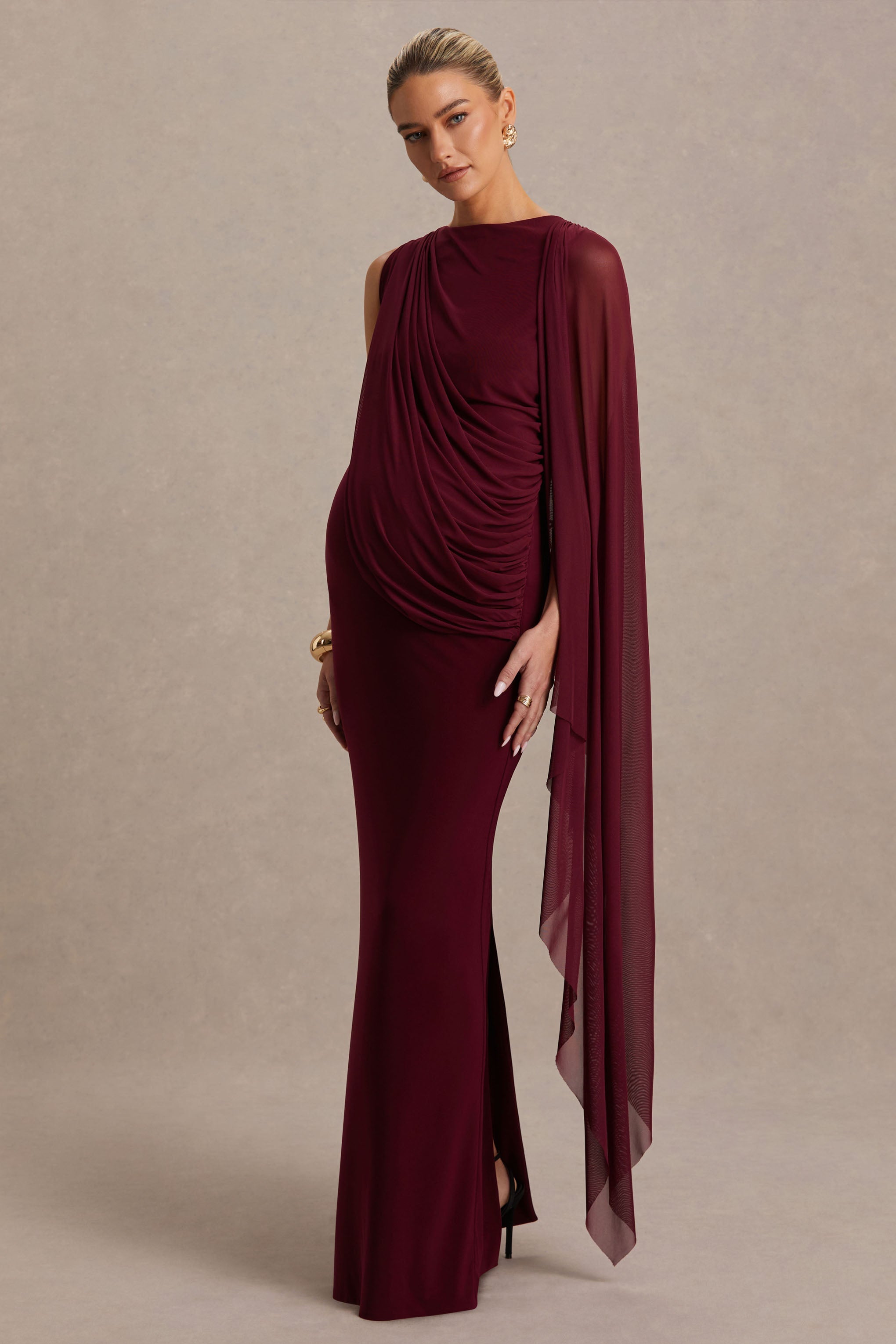 Cristina | Burgundy Slashed-Neck Maternity Maxi Dress With Cape-Sleeve