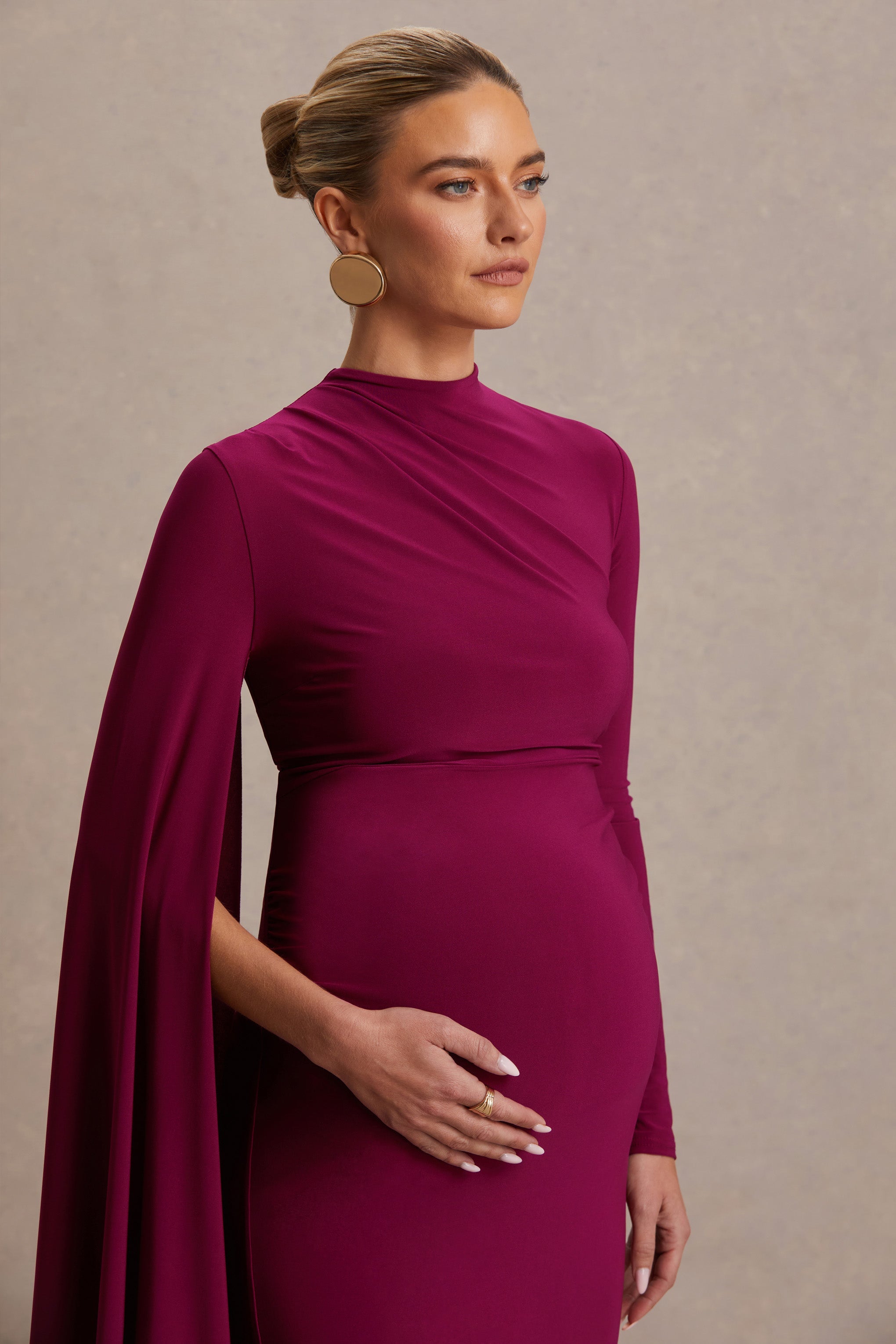 Lavinia | Berry High-Neck Maternity Maxi Dress With Cape-Sleeve